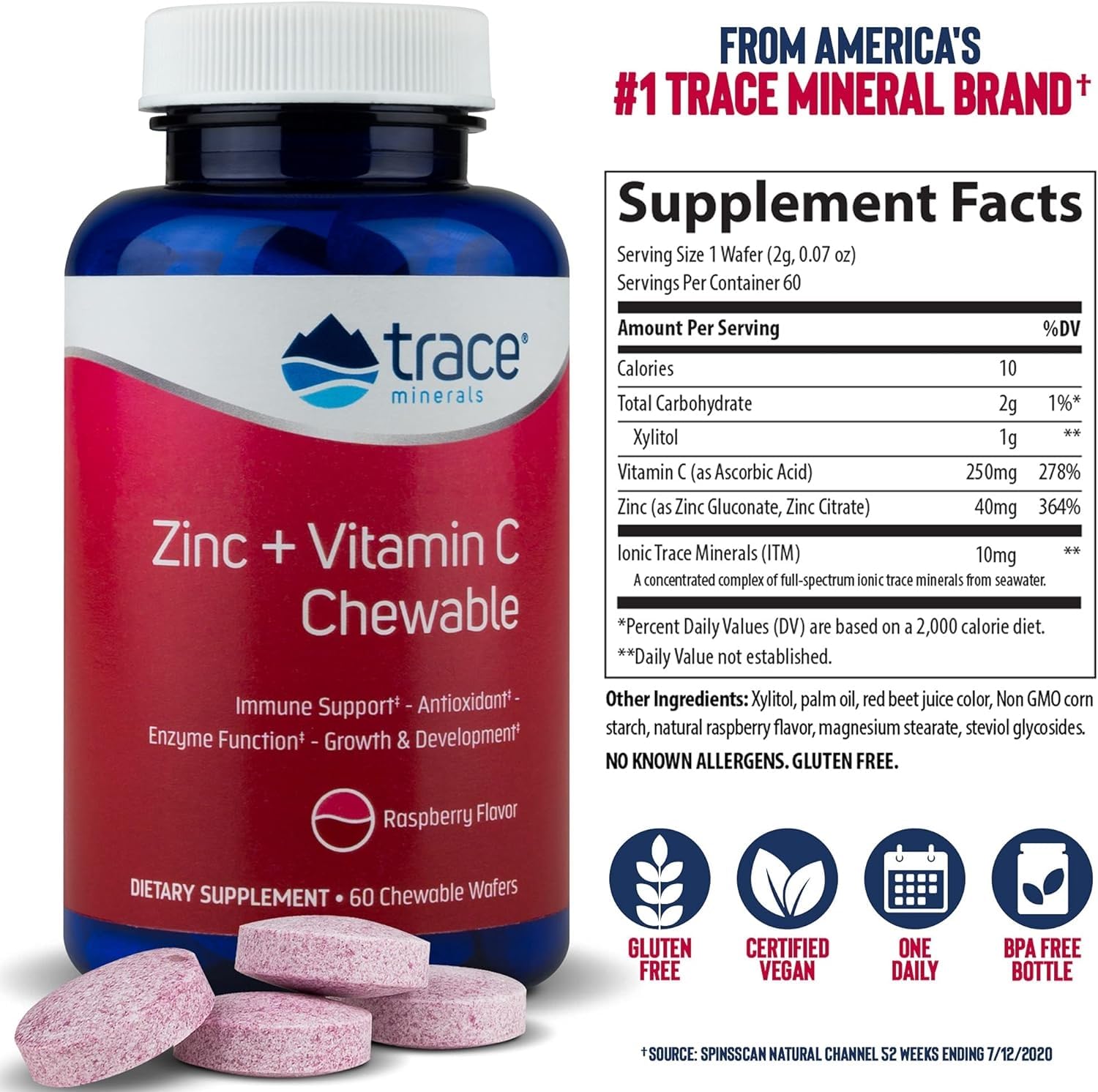 TRACE MINERALS RESEARCH Zinc + Vitamin C chewable wafers packaging