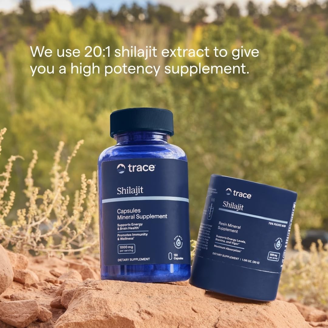 Trace Minerals Shilajit Capsules displayed with a measuring spoon