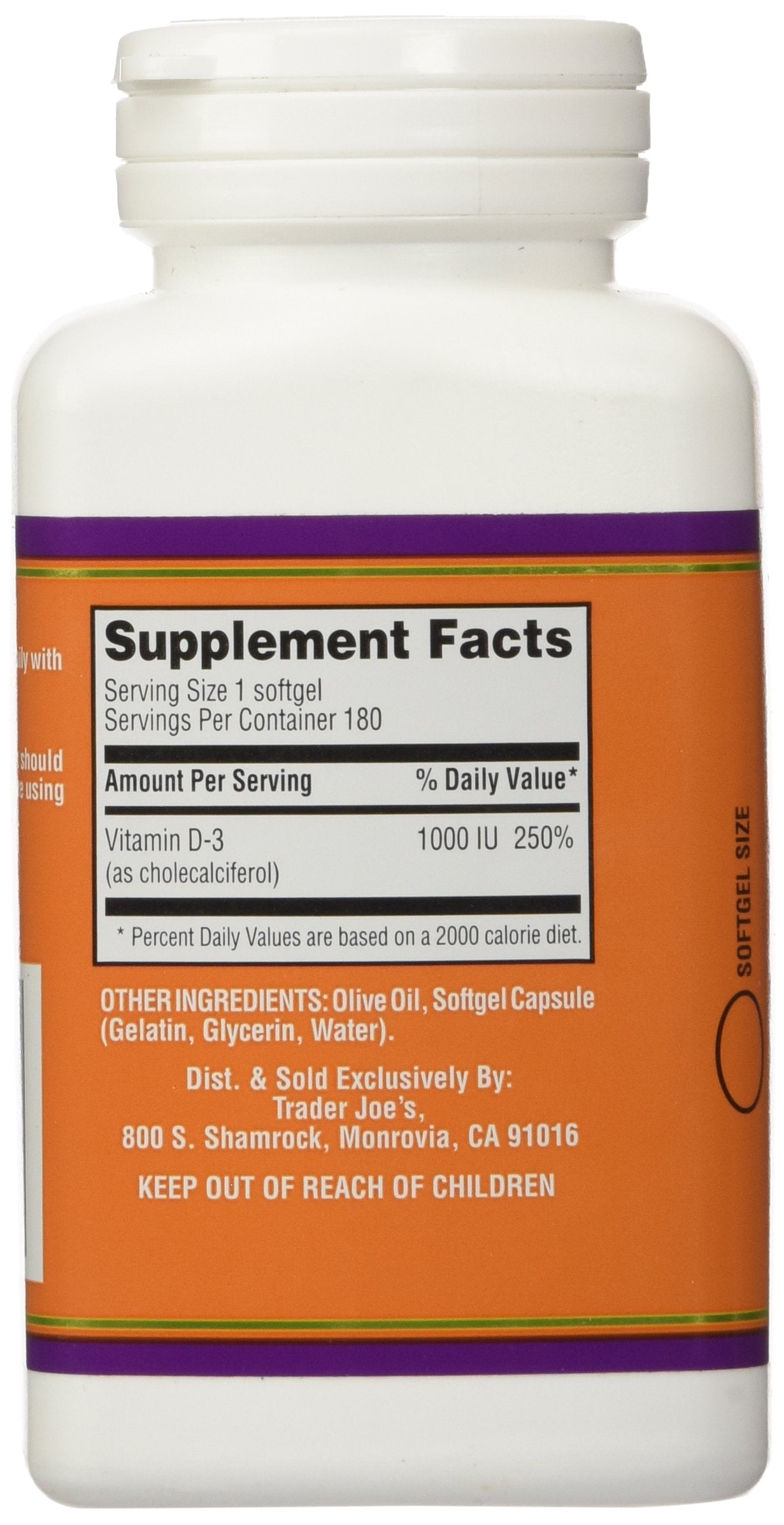 Trader Joe's Vitamin D3 Softgels 125 mcg packaging back view