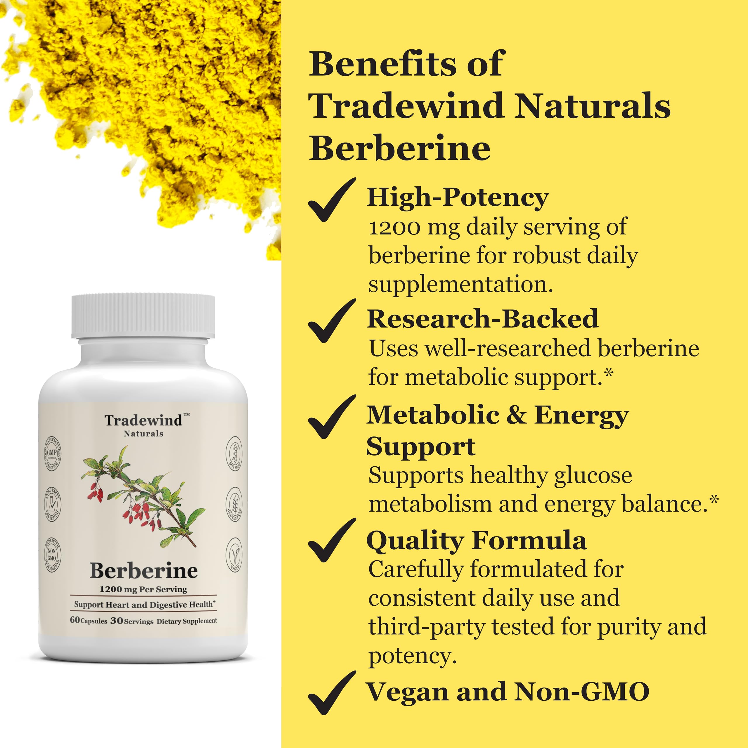 Tradewind Naturals Berberine 1200 mg capsules on a wooden table