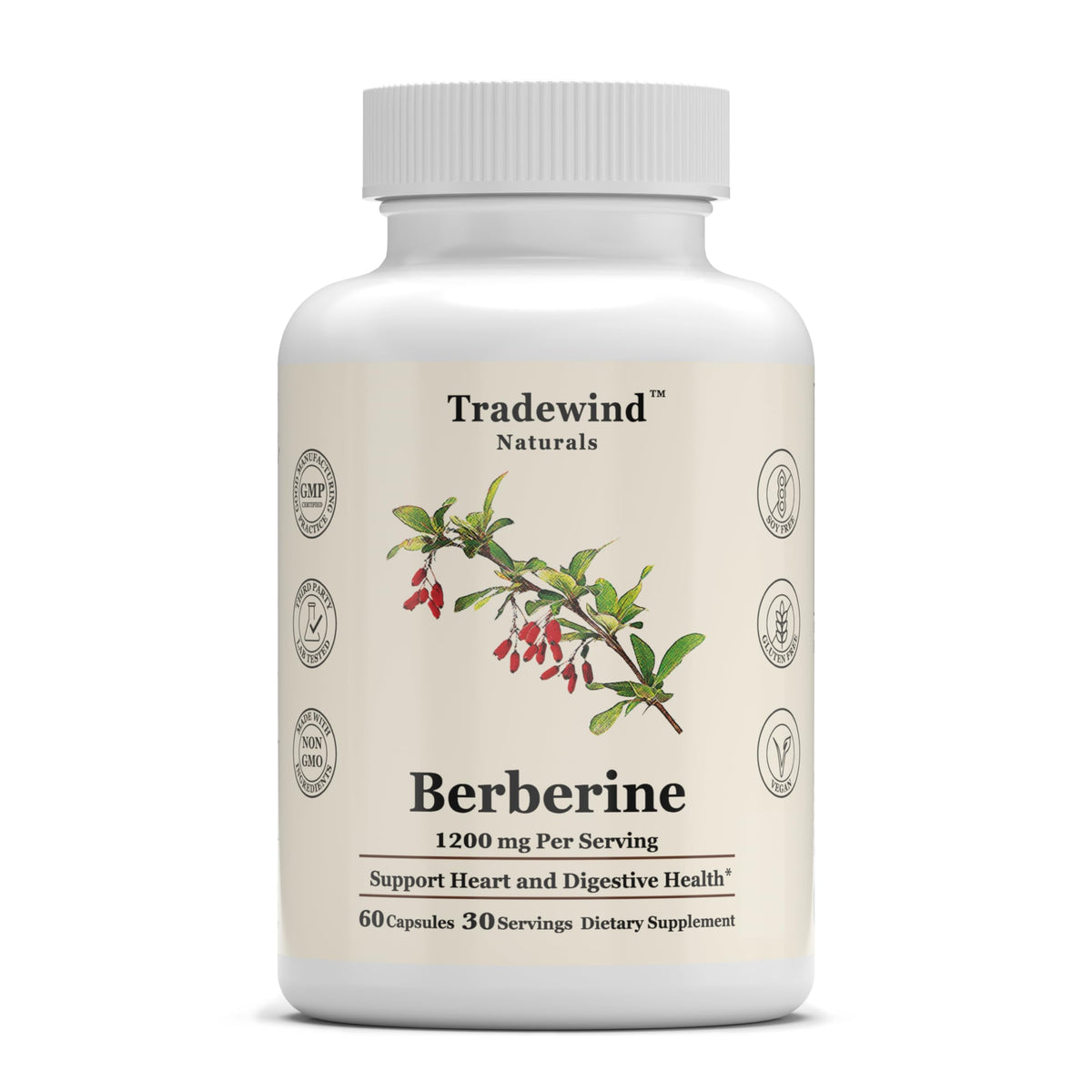 Tradewind Naturals Berberine 1200 mg vegan capsules front view