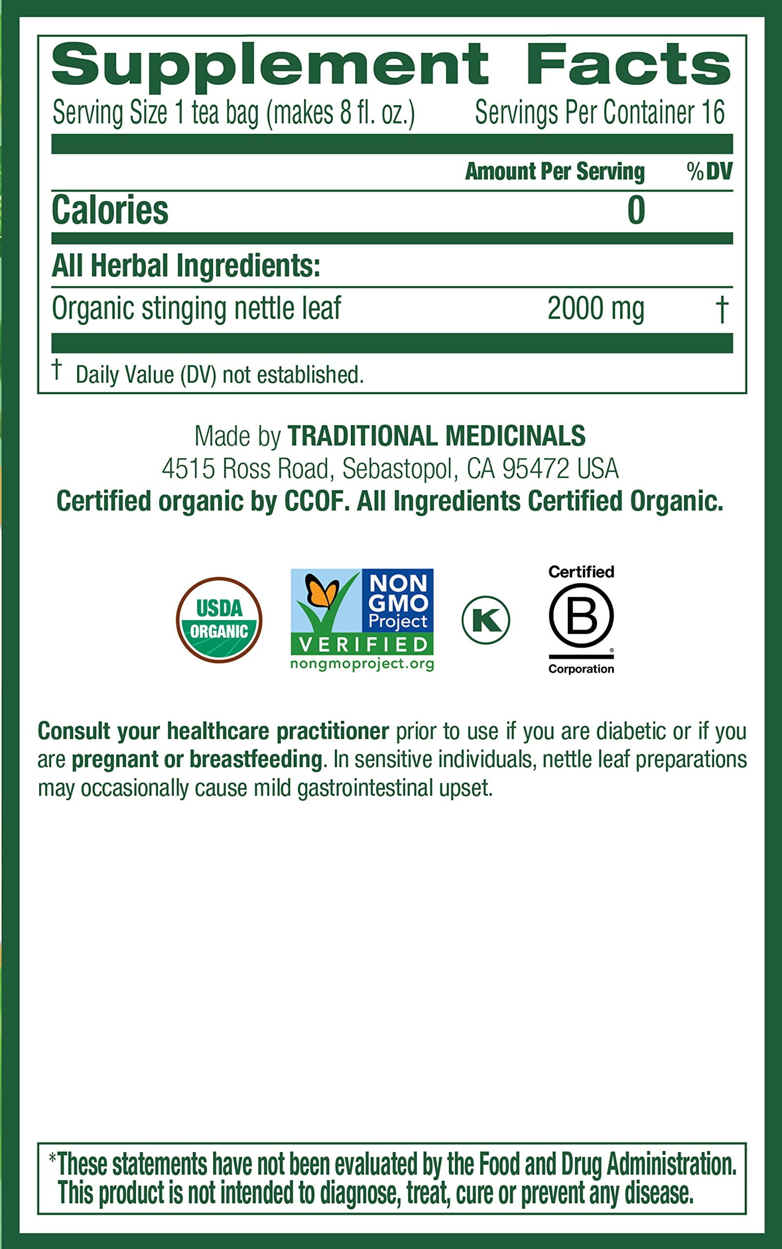 Traditional Medicinals Nettle Herbal Supplement ingredients list