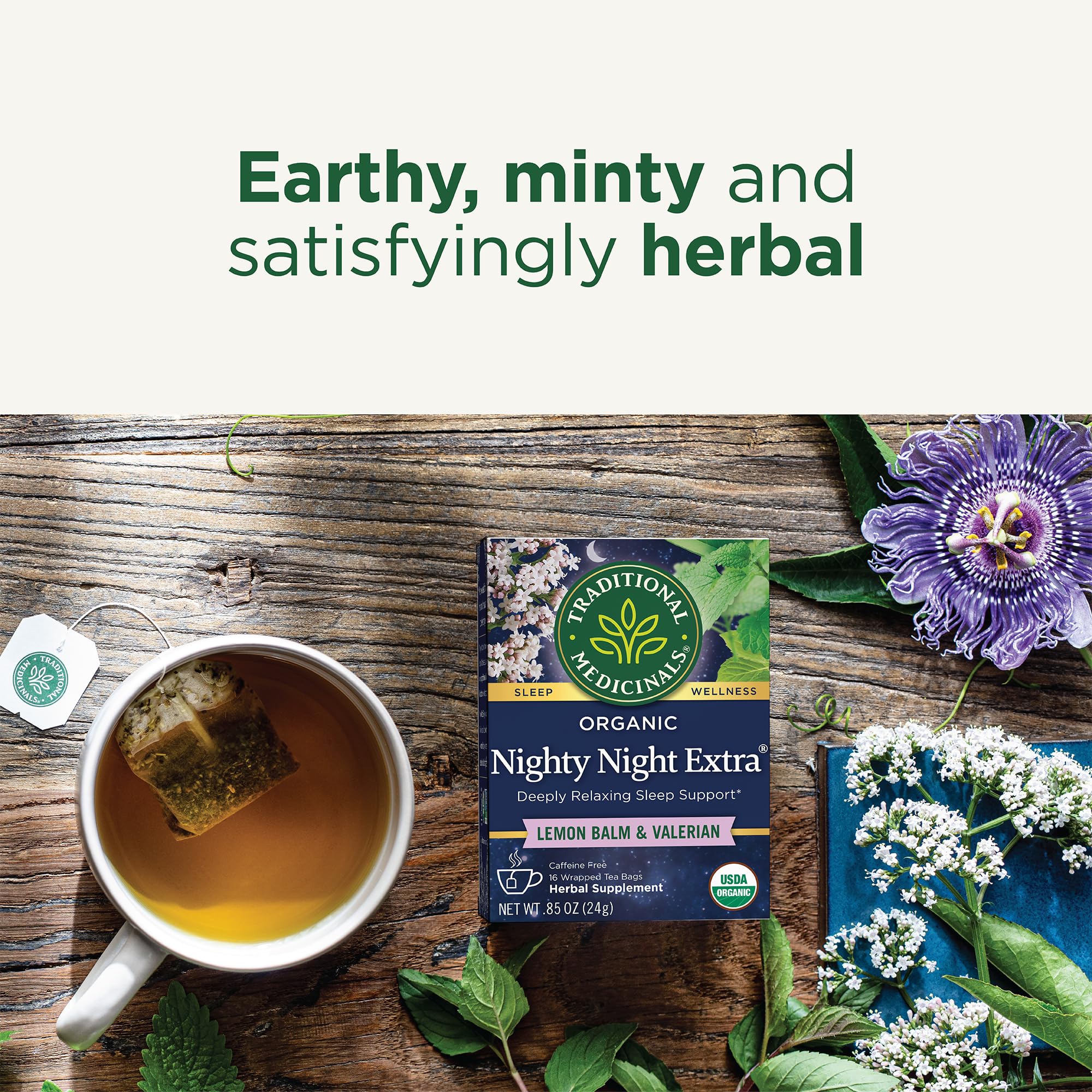 Traditional Medicinals Nighty Night Herbal Tea brewed cup with herbs