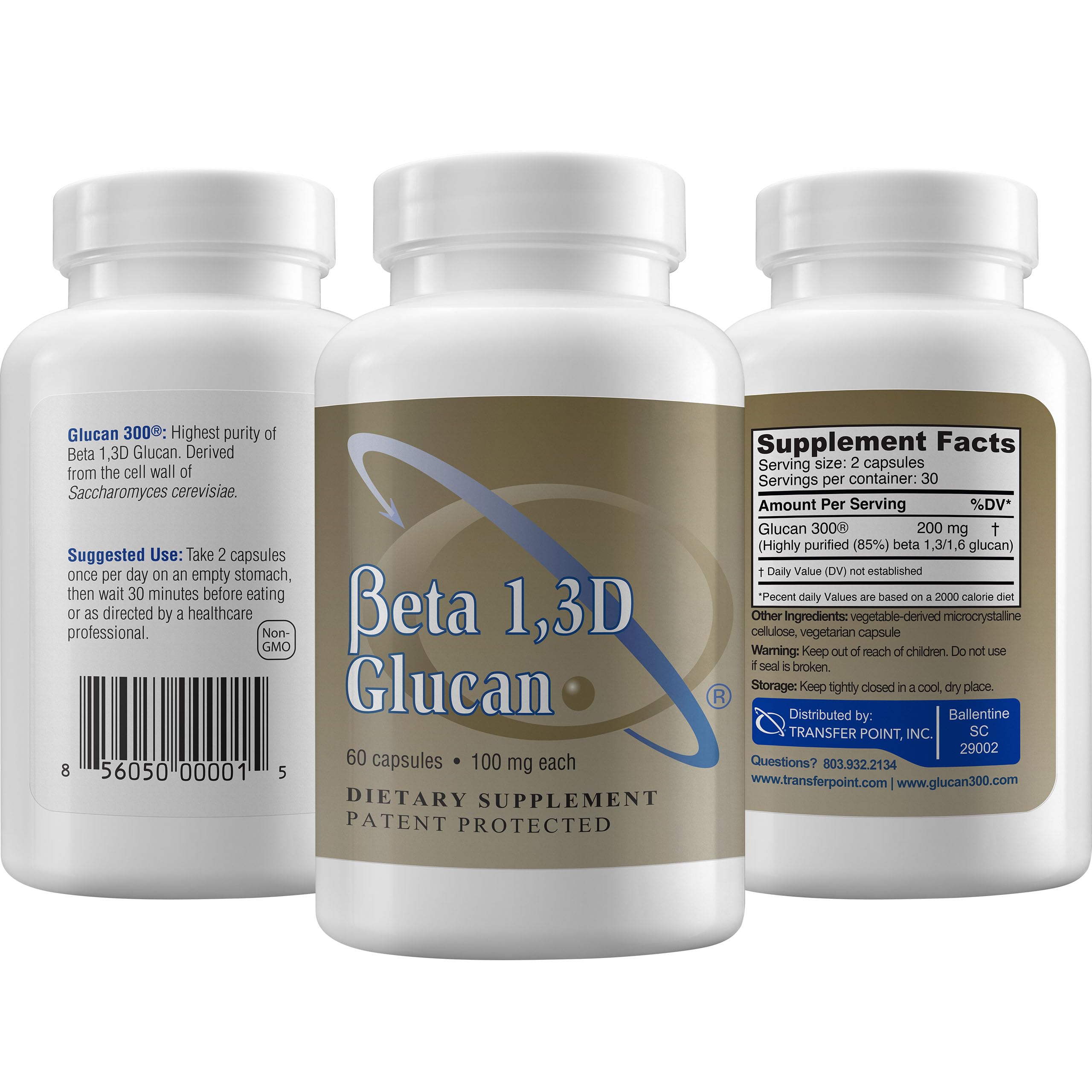 Transfer Point Beta 1,3D Glucan Capsules 100mg bottle with nutrition facts