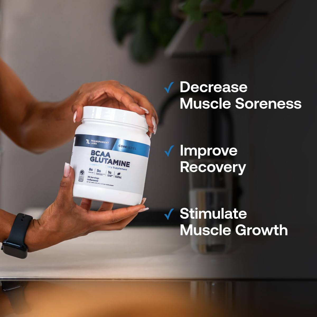 Transparent Labs BCAA Glutamine Powder 615g lifestyle scene