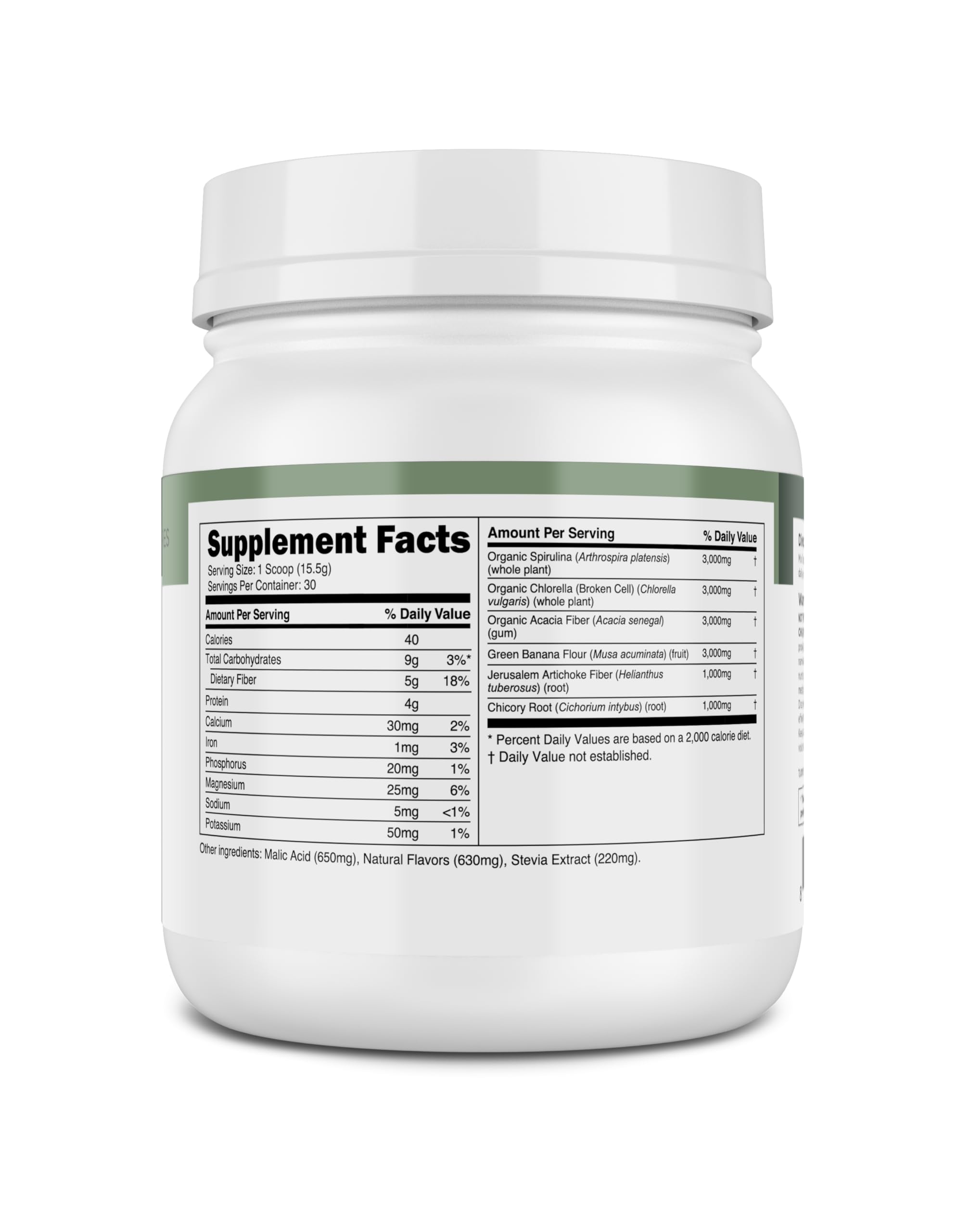 Transparent Labs Prebiotic Greens 549g on a kitchen counter