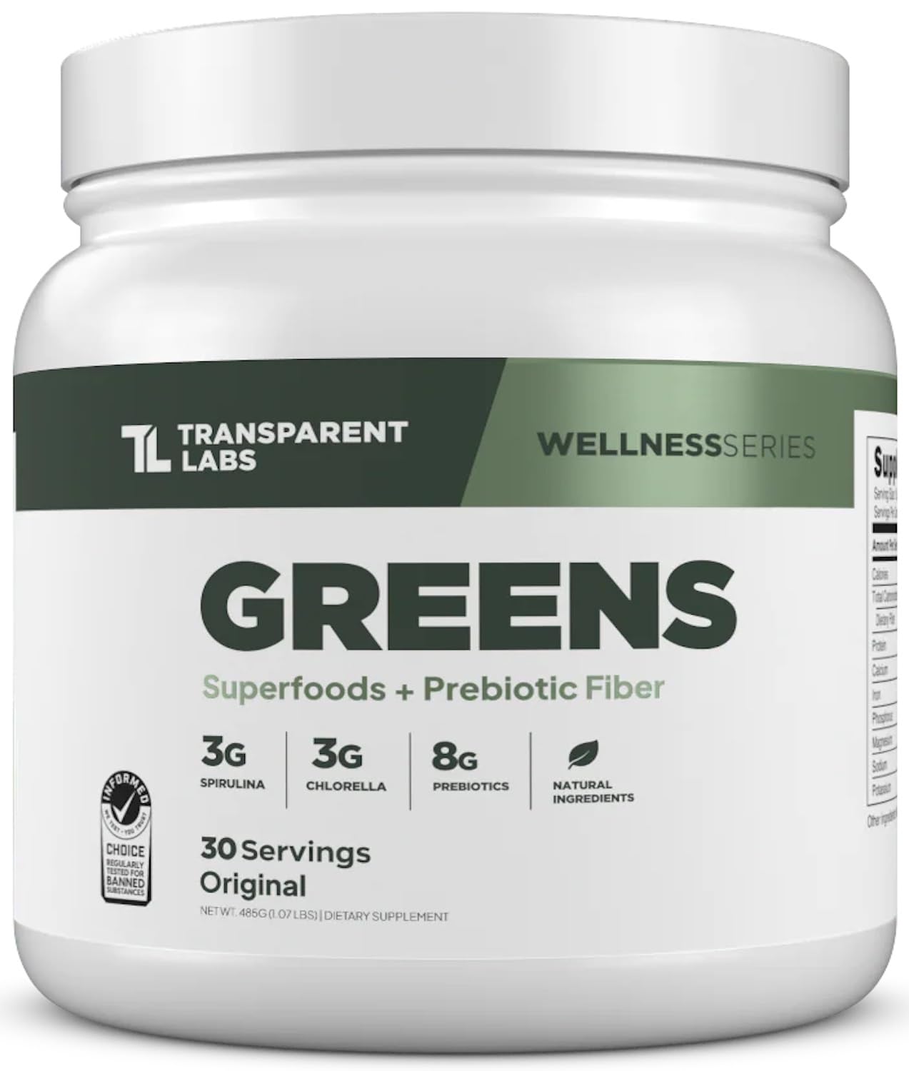 Transparent Labs Prebiotic Greens 572g front view with packaging