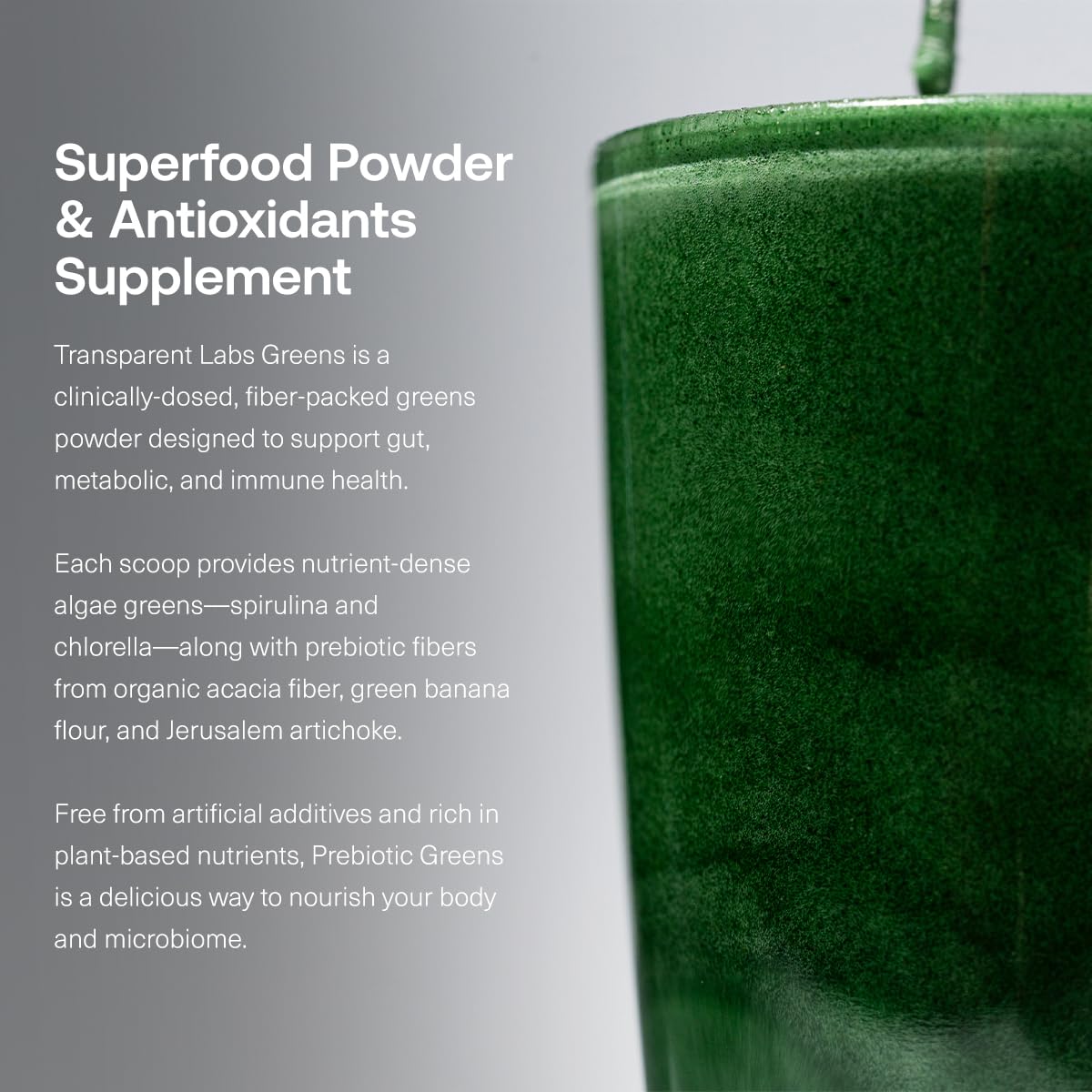 Transparent Labs Prebiotic Greens 572g lifestyle scene with a smoothie