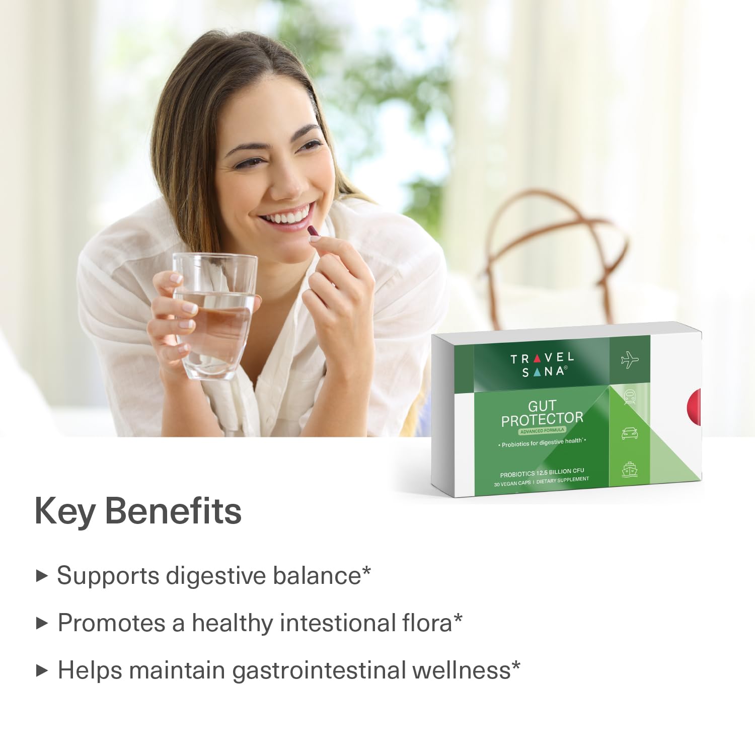 TRAVELSANA Gut Protector Advanced Formula Probiotics capsule close-up