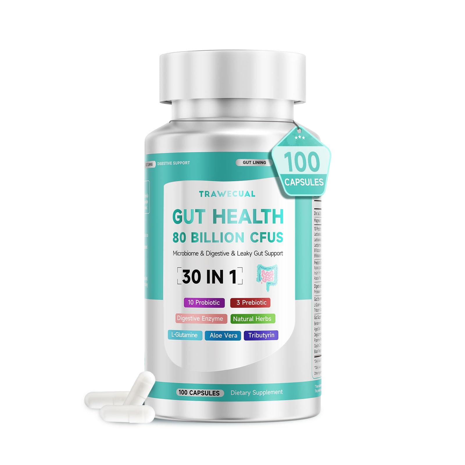 Trawecual 30-in-1 Prebiotic and Probiotic Supplement front view