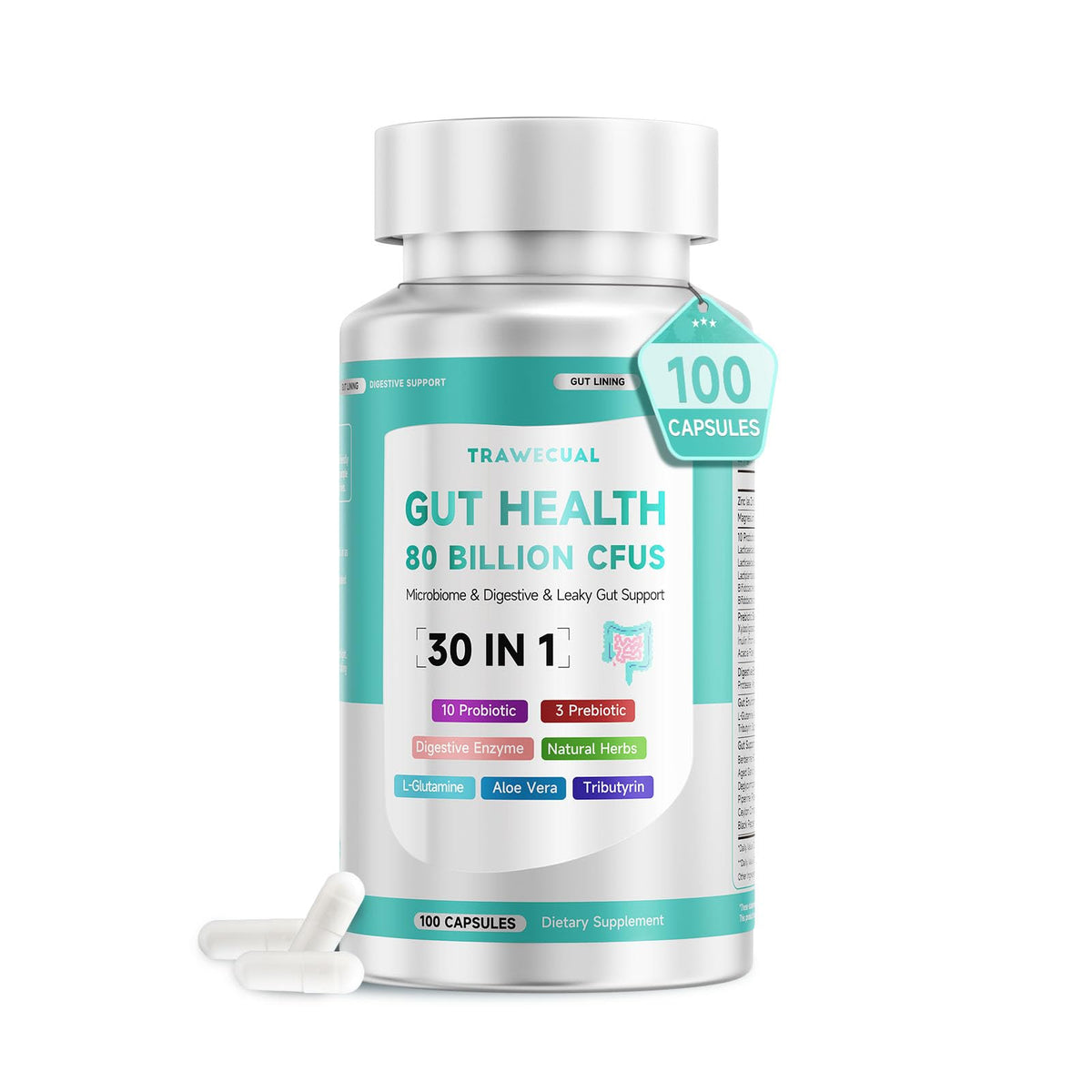 Trawecual 30-in-1 Prebiotic and Probiotic Supplement front view