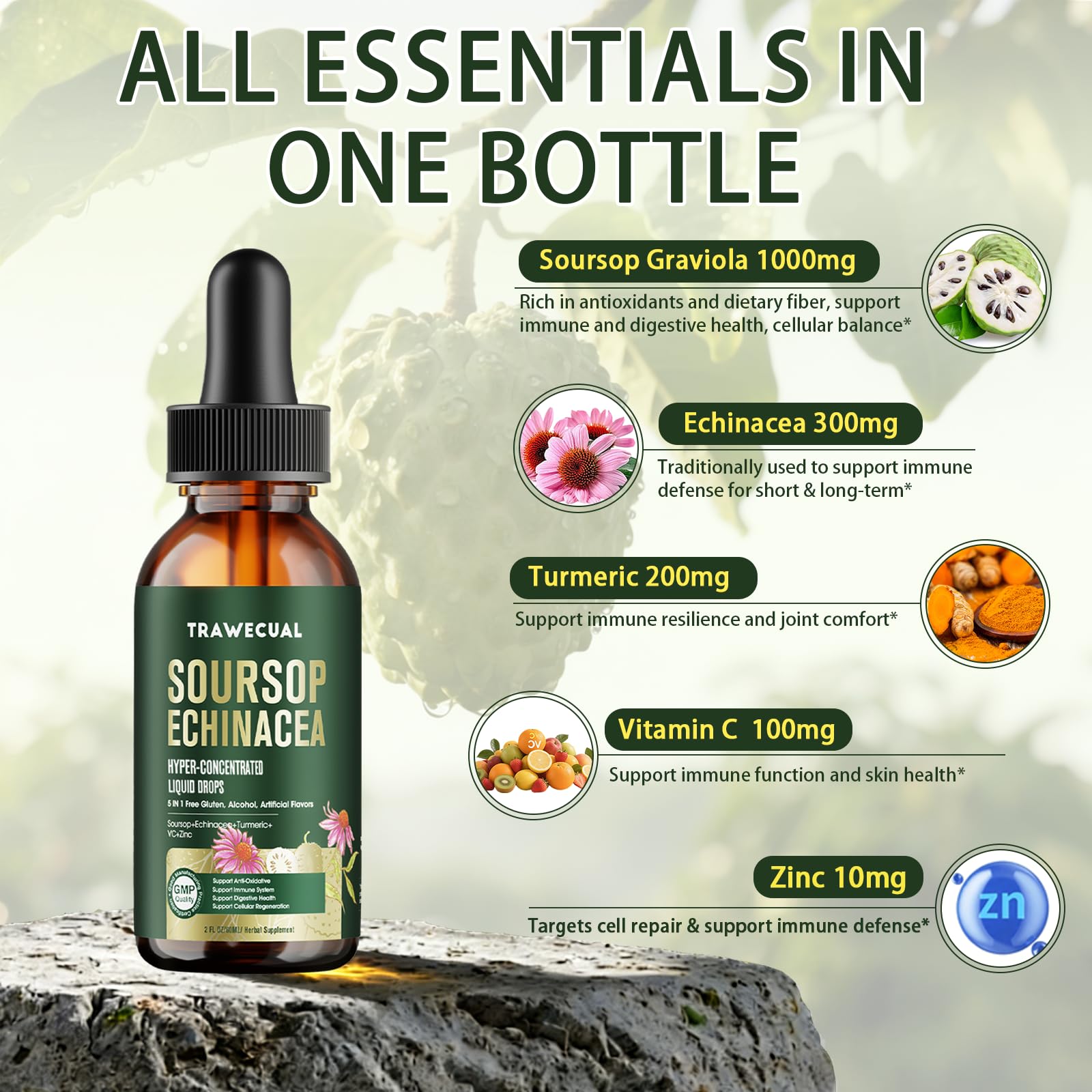 Trawecual Soursop Echinacea Drops in a glass of water