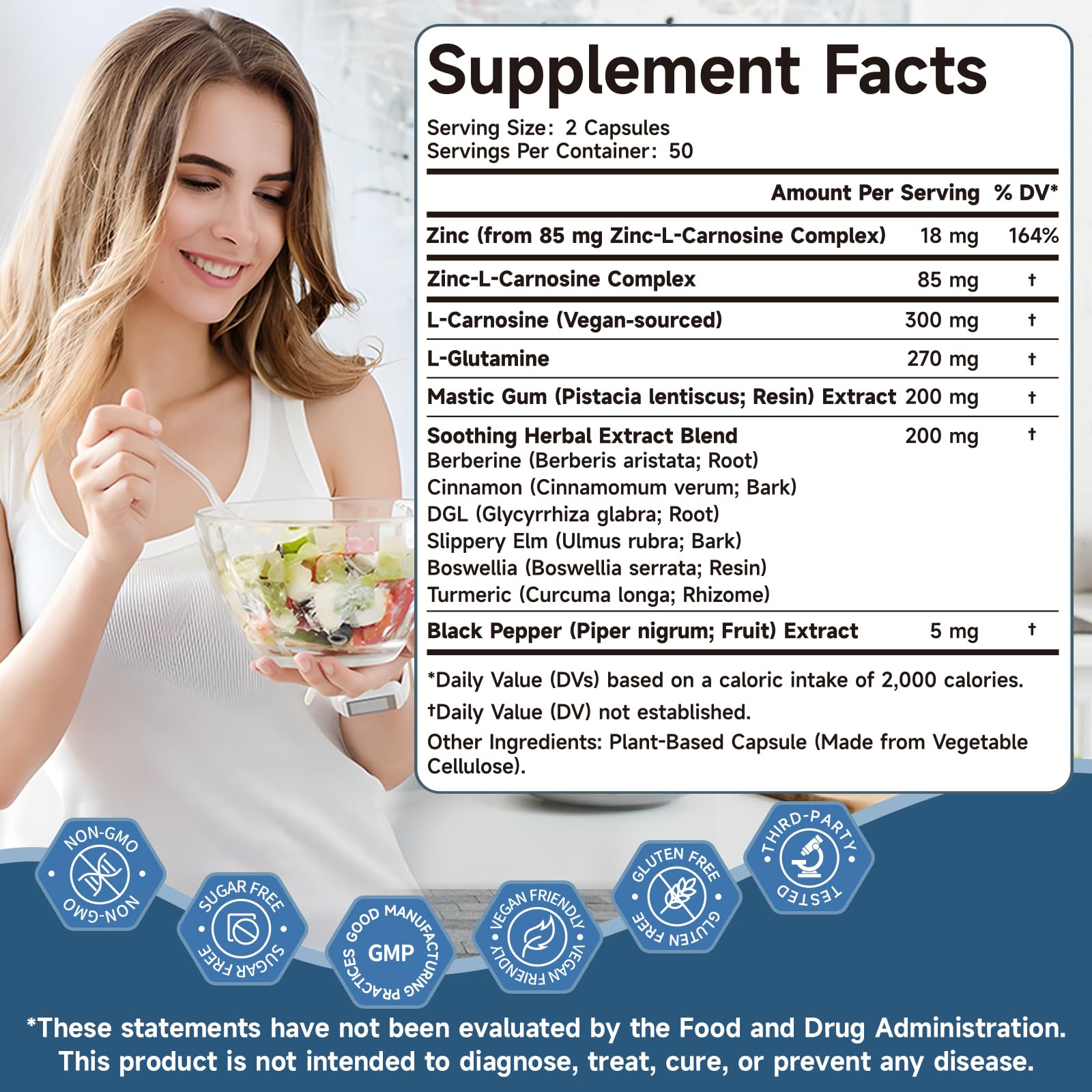 Trawecual Zinc L-Carnosine Complex capsules next to herbal ingredients