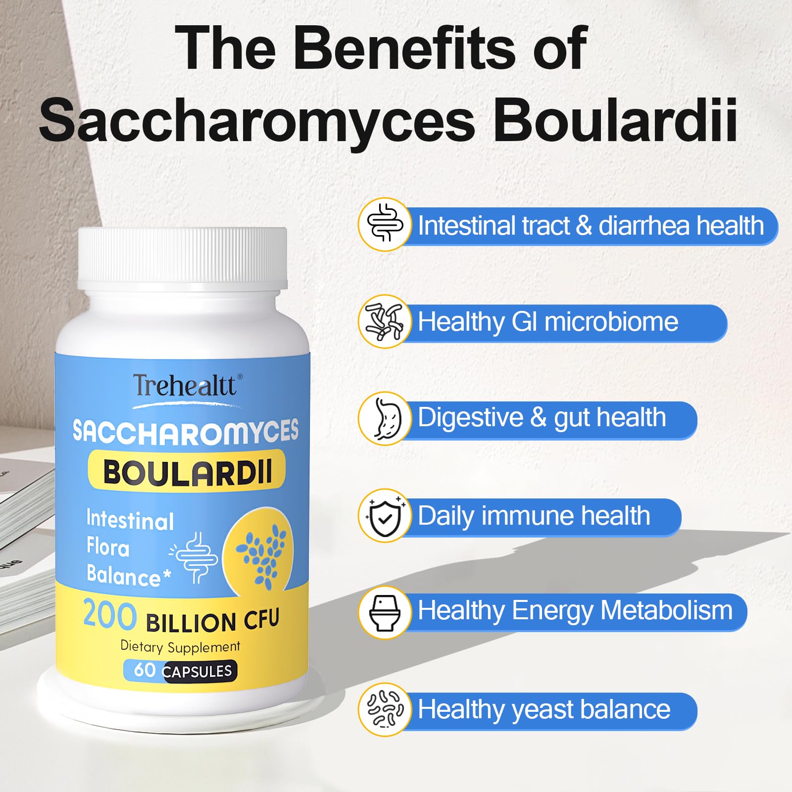 Trehealtt Saccharomyces Boulardii Probiotic 200 Billion CFUs bottle back view