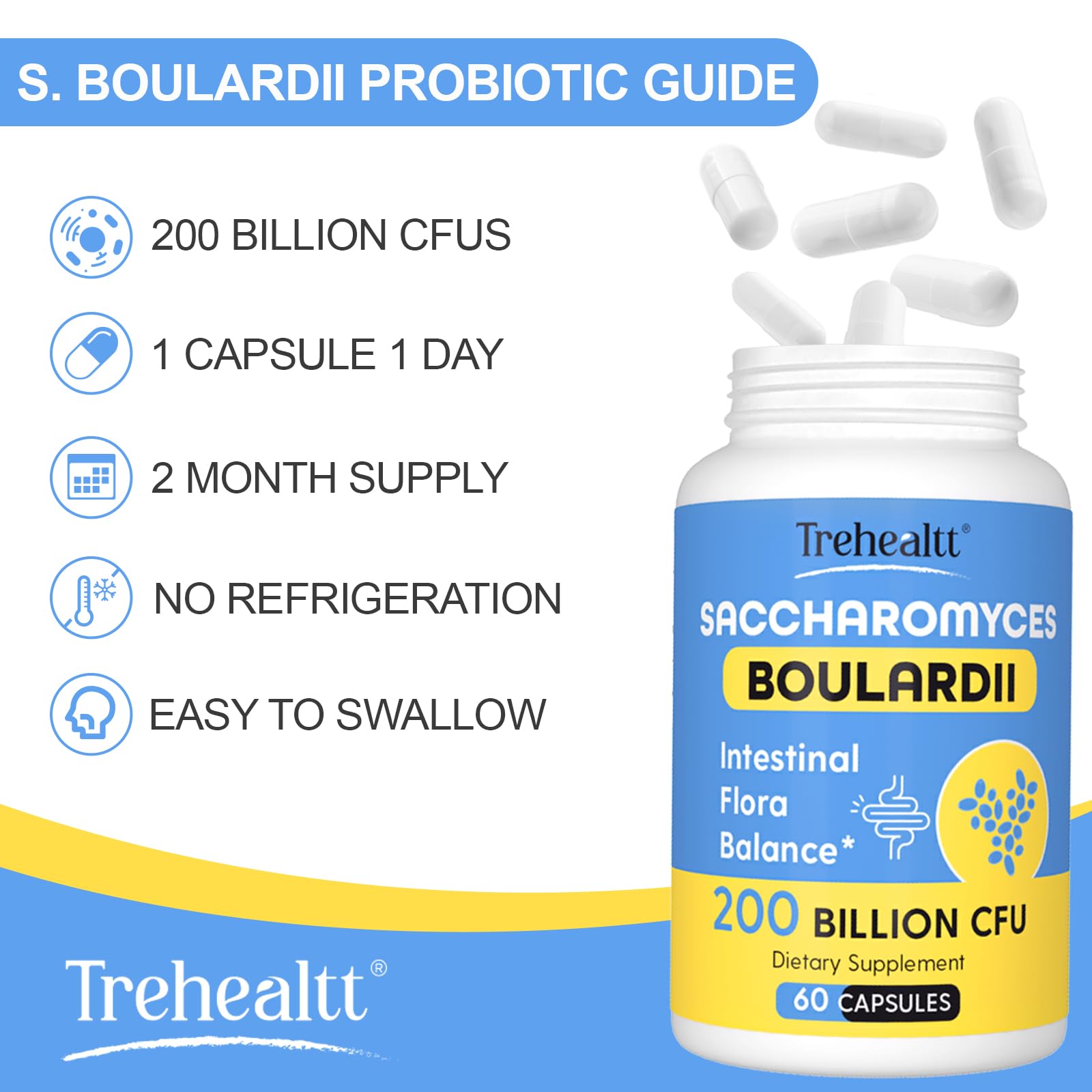 Trehealtt Saccharomyces Boulardii Probiotic 200 Billion CFUs bottle with natural background