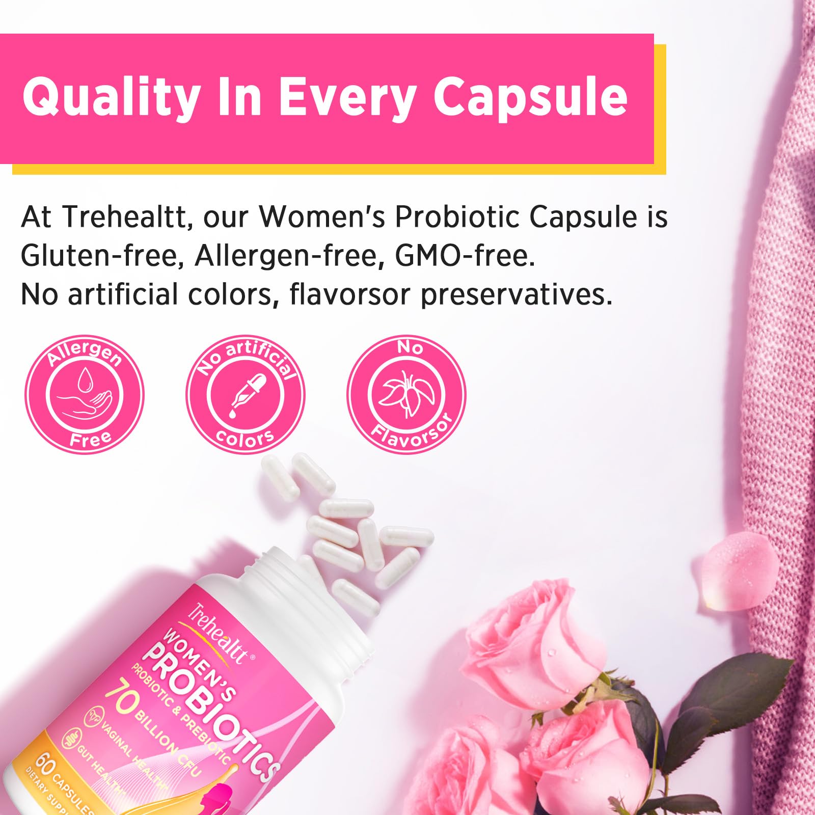 Trehealtt Women's Probiotic 70 Billion CFUs bottle with capsules