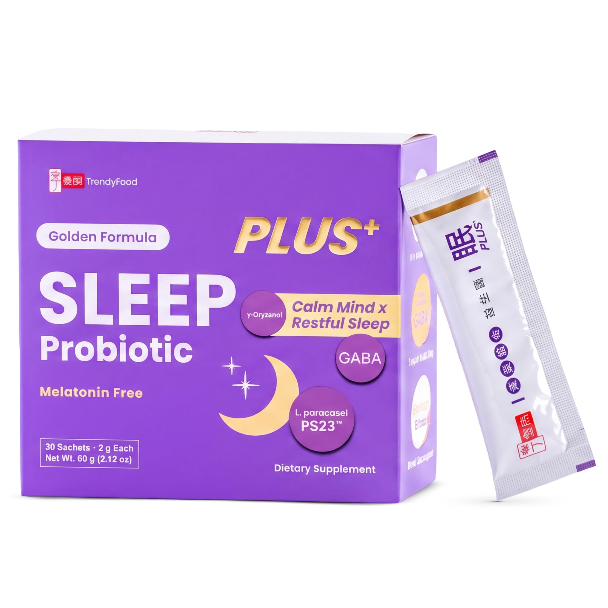 TrendyFood SleepPLUS Probiotic Supplement front view with packaging