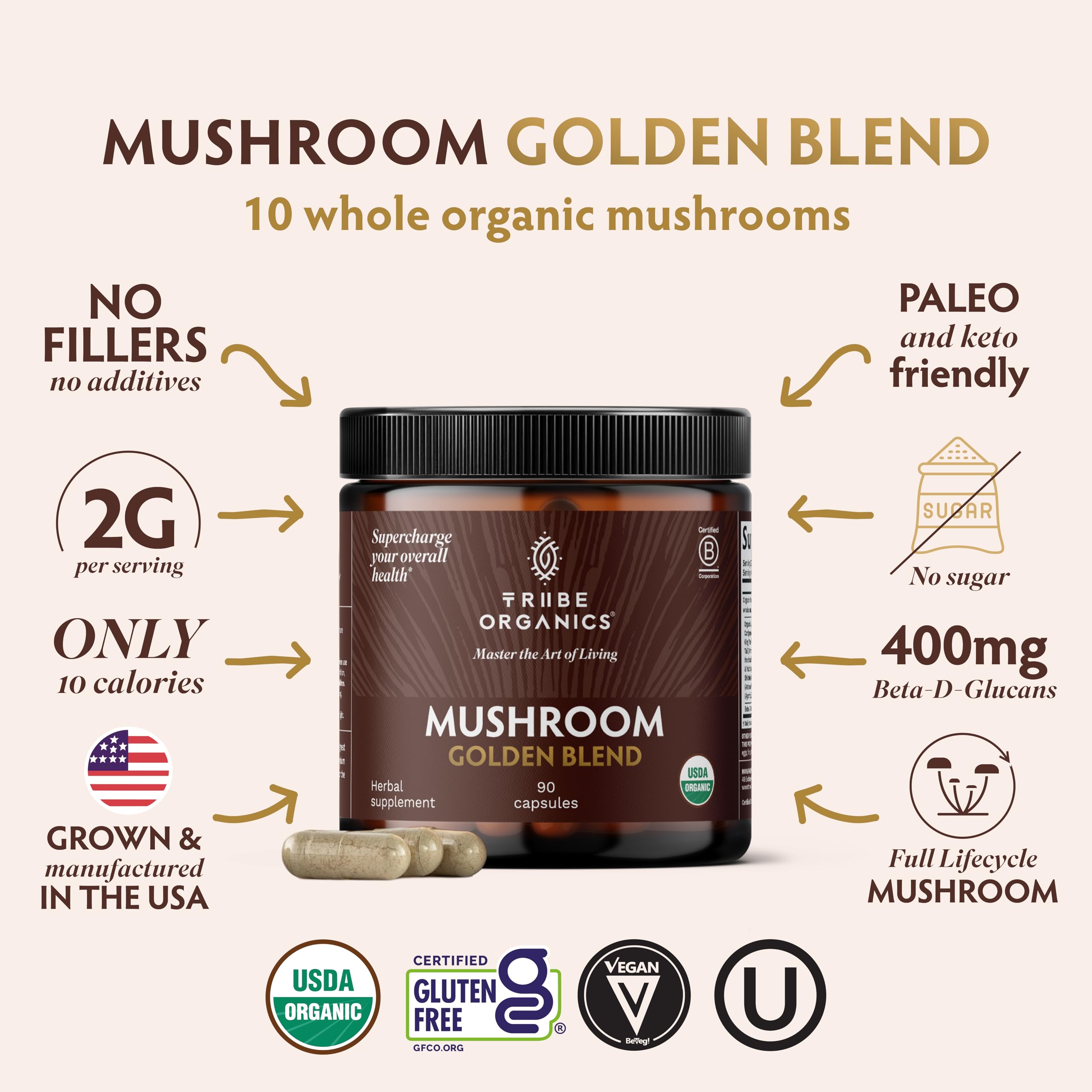 TRIBE ORGANICS 10-IN-1 Organic Mushroom Blend Capsules side view