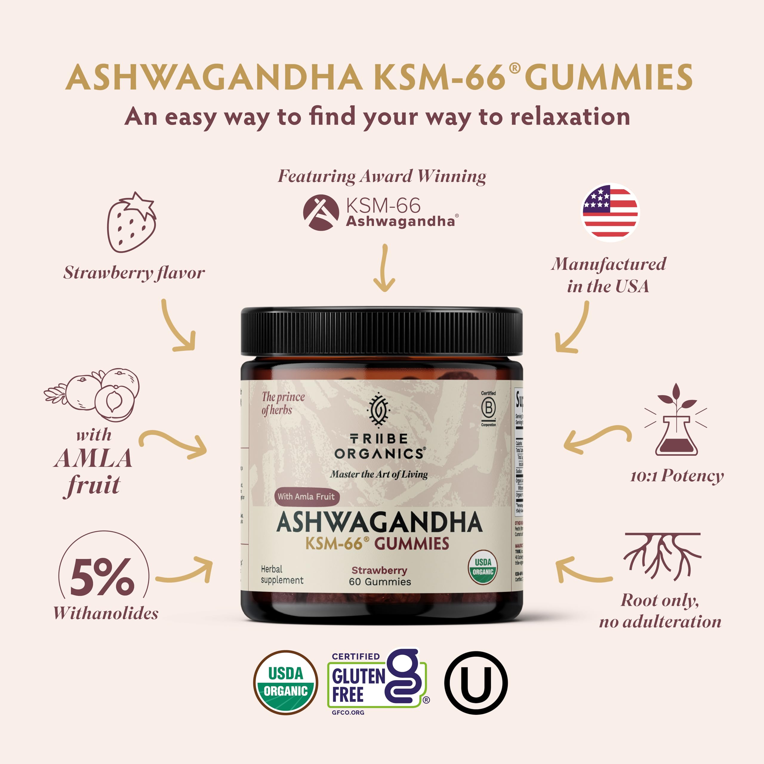 TRIBE ORGANICS Ashwagandha Gummies side view showing ingredients