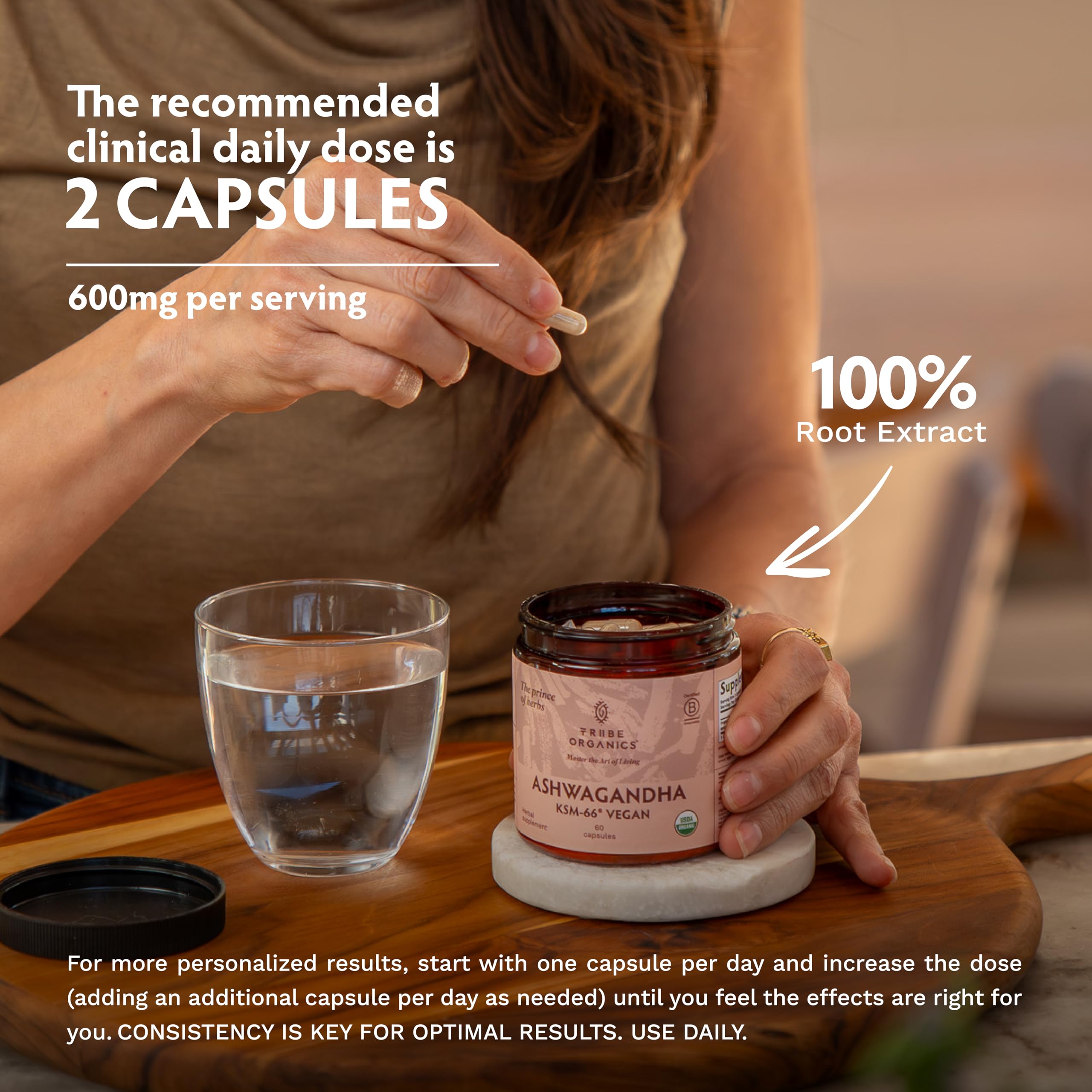 TRIBE ORGANICS KSM-66 Ashwagandha Capsules on a wooden table