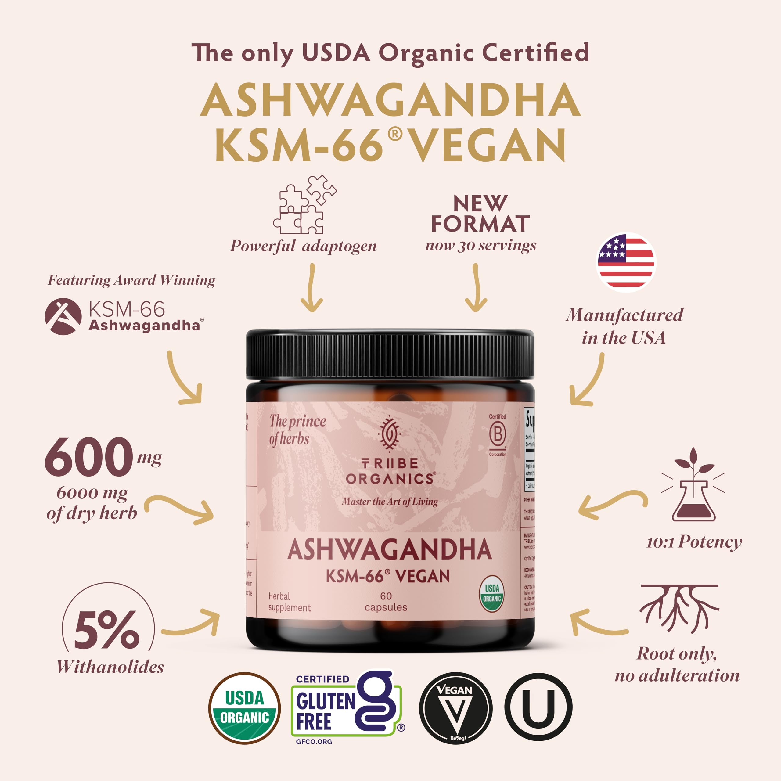 TRIBE ORGANICS KSM-66 Ashwagandha Capsules side view