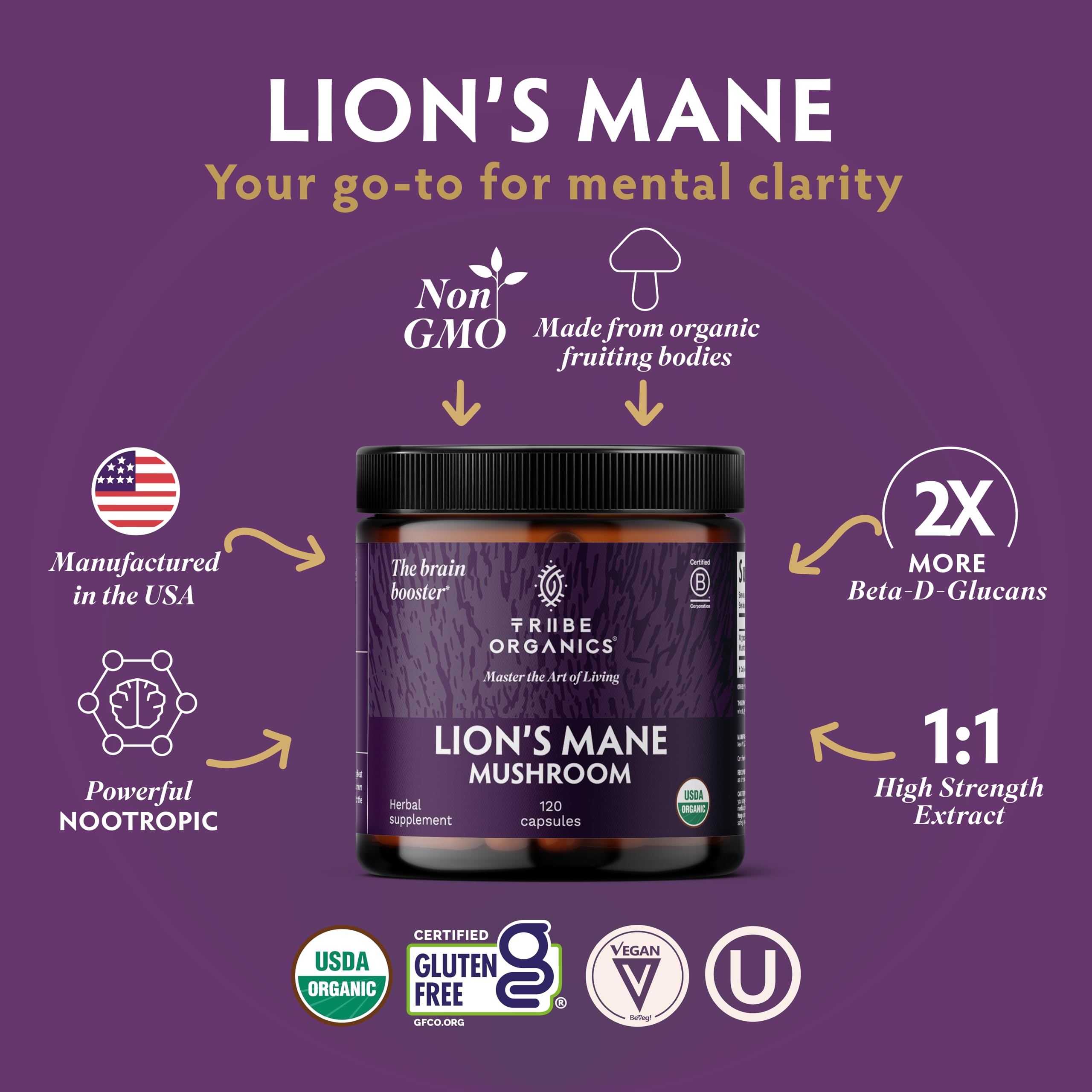 TRIBE ORGANICS Lion's Mane Mushroom Extract packaging side view