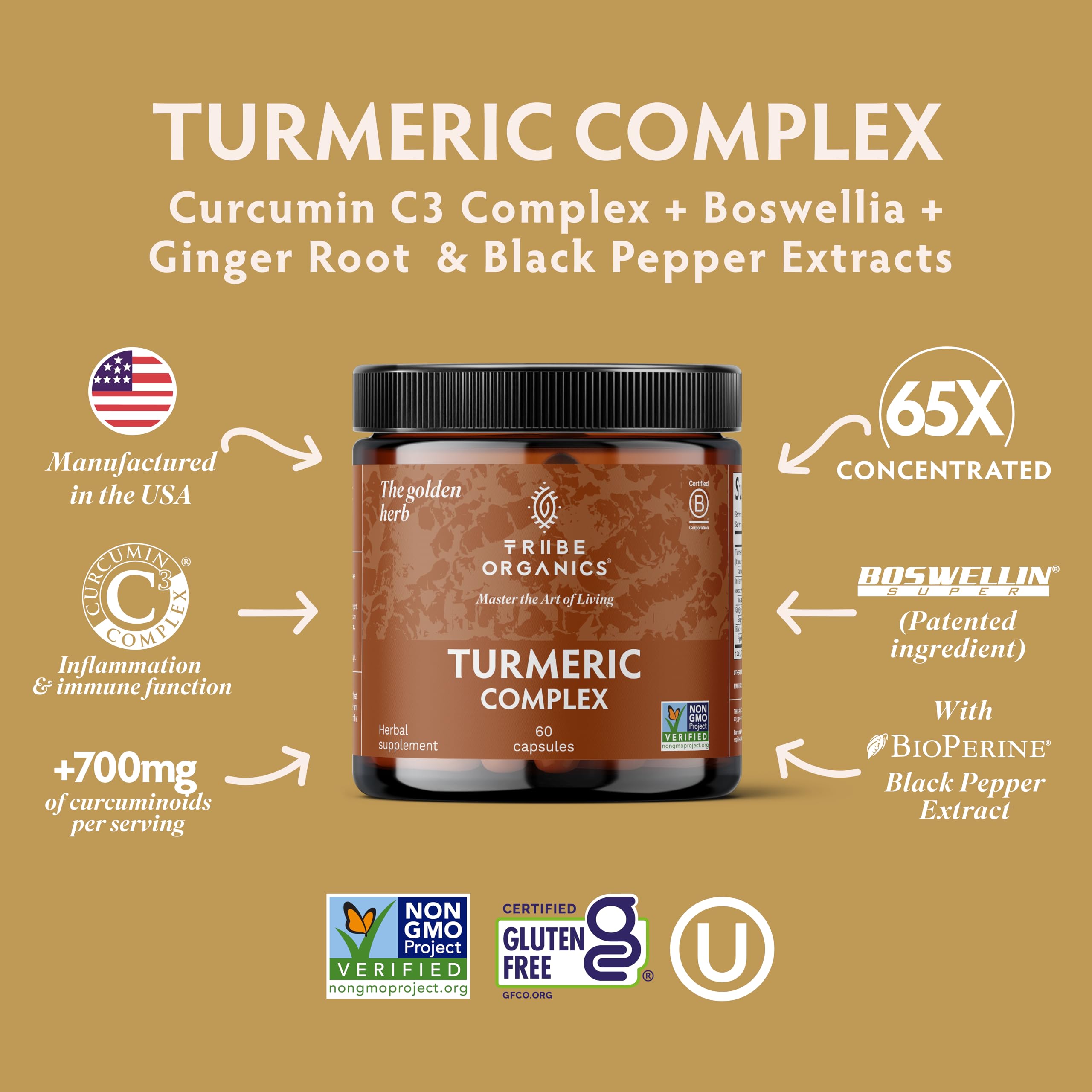 TRIBE ORGANICS Turmeric Curcumin C3 Complex 91g capsules side view
