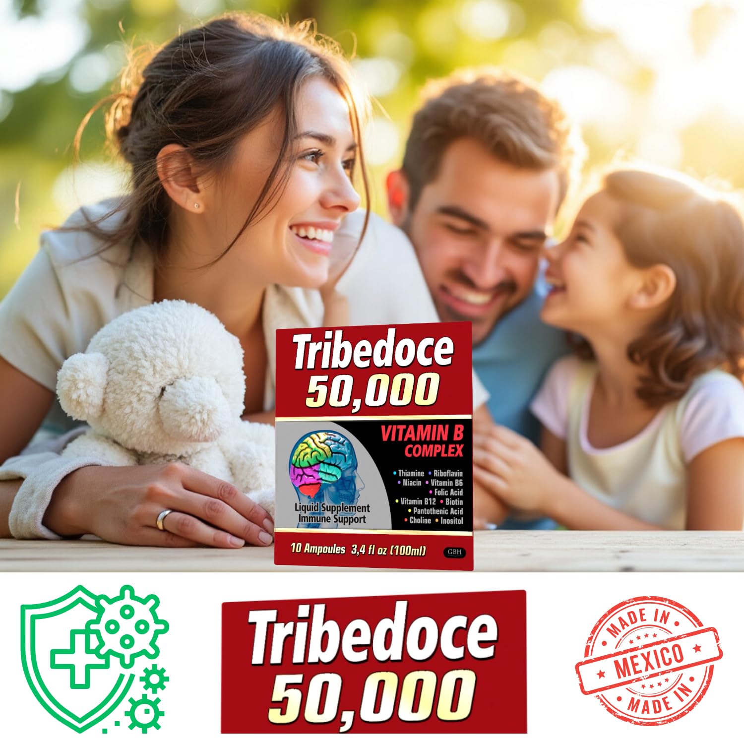 Tribedoce B-Complex Liquid Vitamins on a wooden table with a green plant