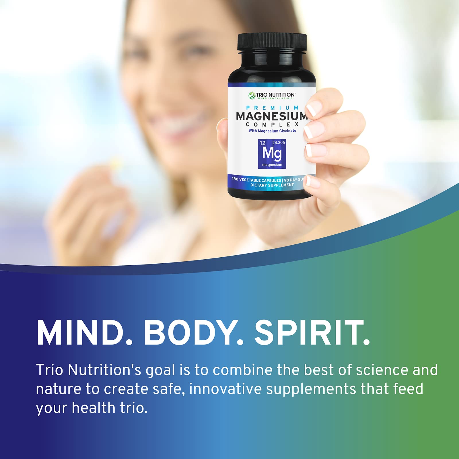 TRIO NUTRITION Magnesium Complex Capsules on a wooden table