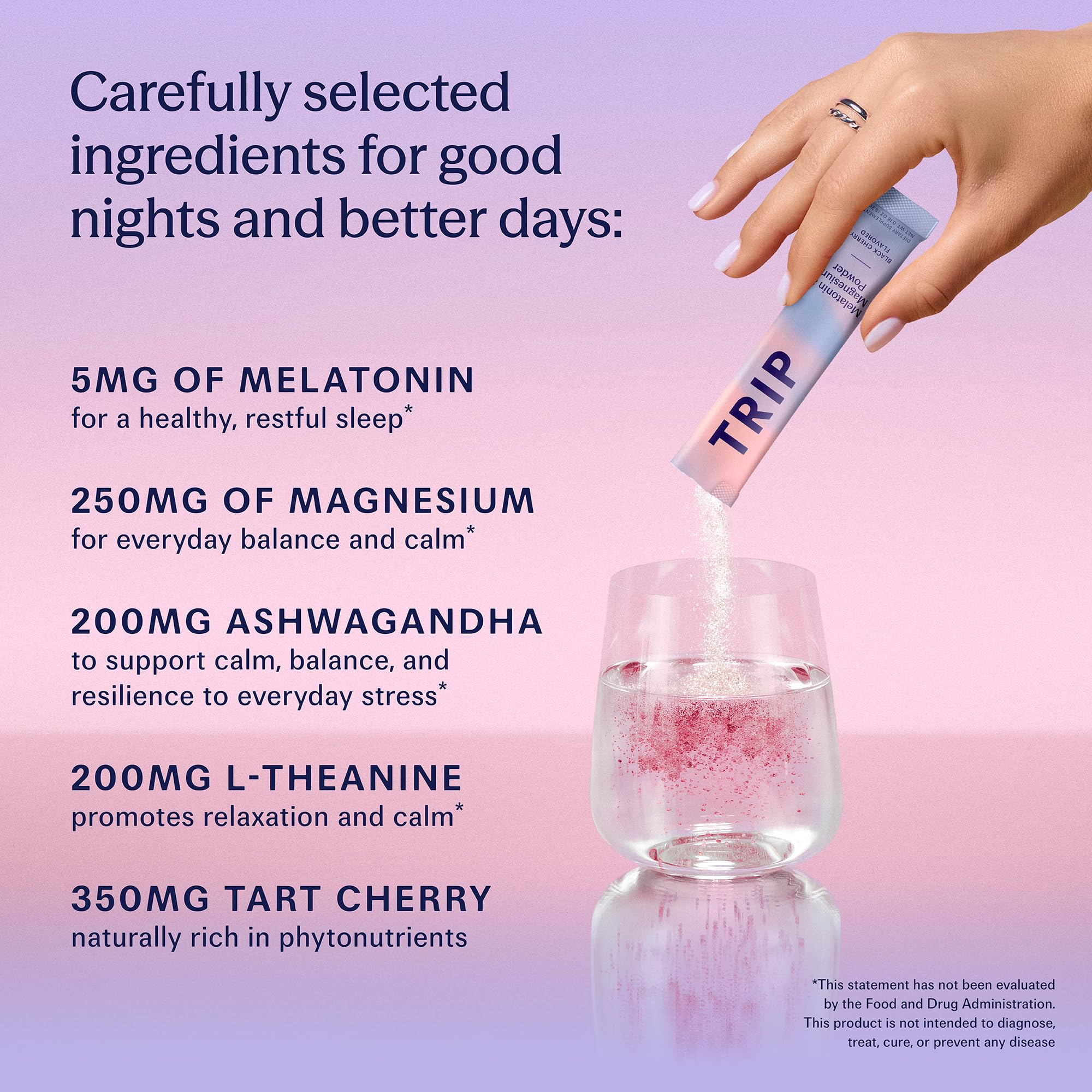 TRIP Dream Powder Sleep Drink sachet in glass of water