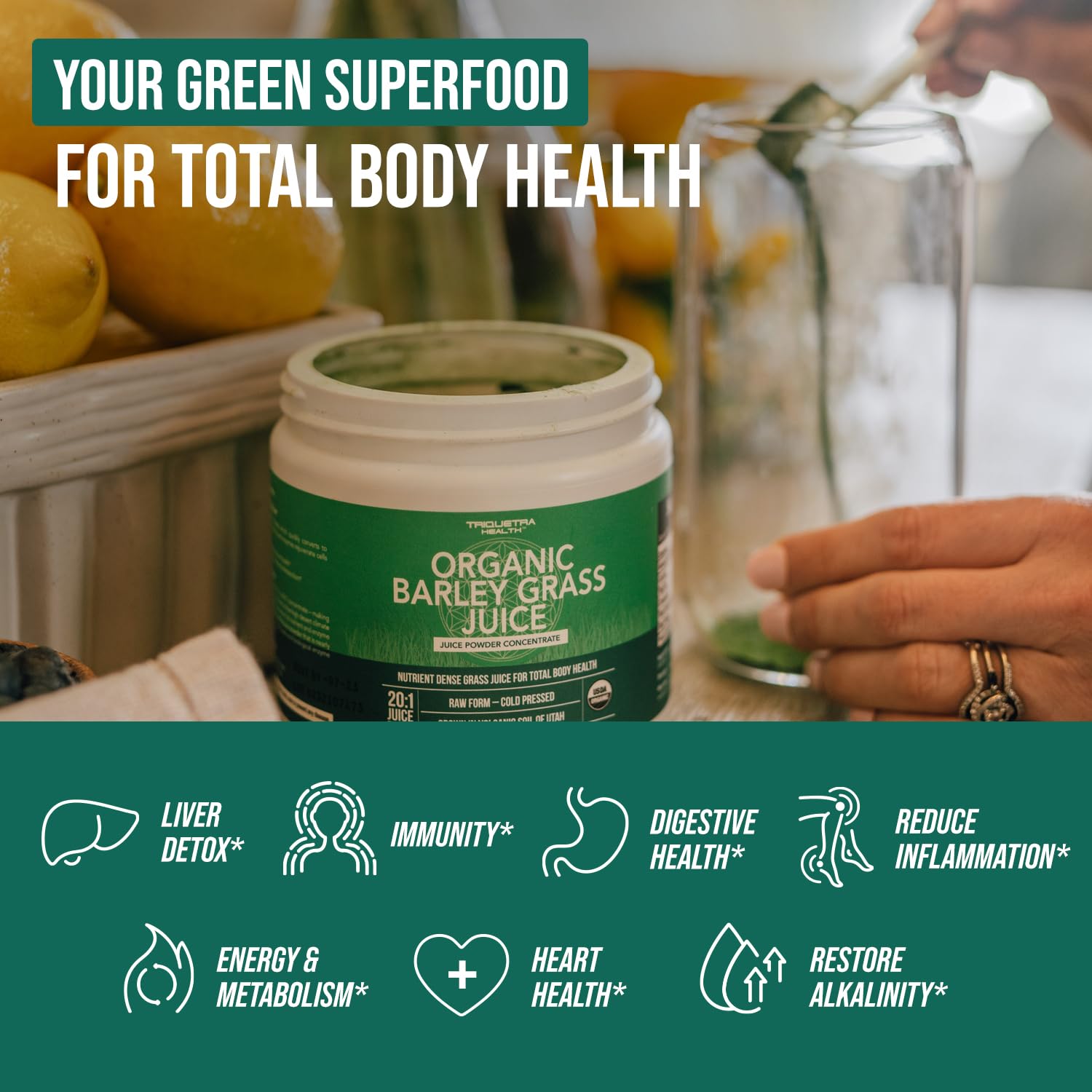 Triquetra Health Barley Grass Juice Powder 150g scoop and powder