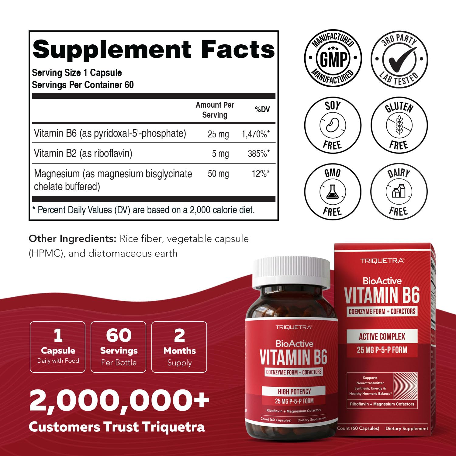 Triquetra Health BioActive B6 25mg supplement capsules on a wooden table