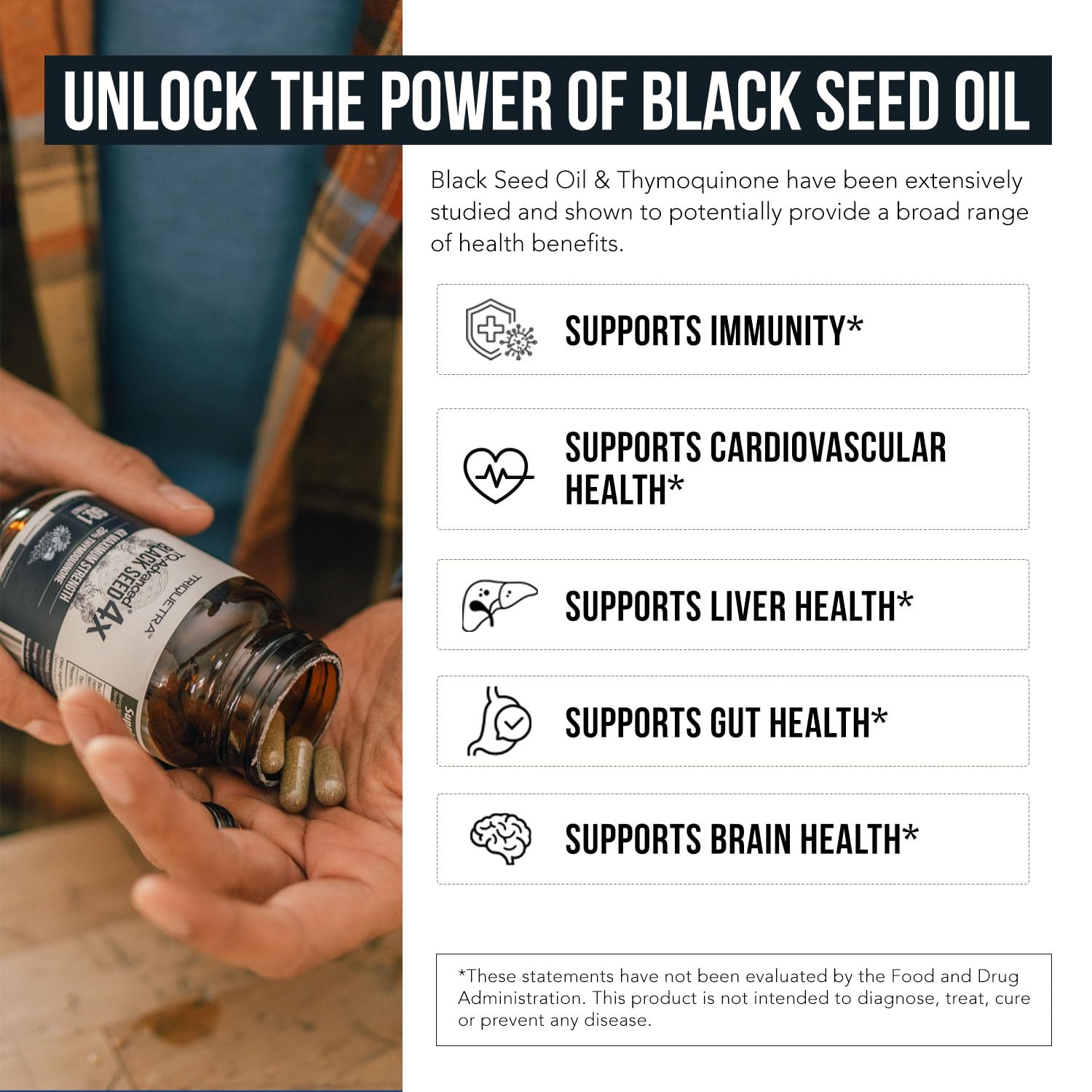 Triquetra Health Black Seed Oil Capsules bottle with capsules spilled