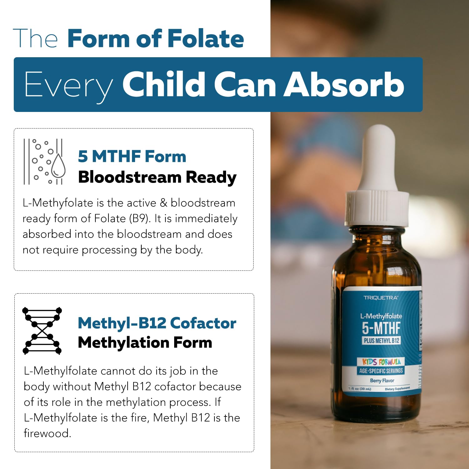 Triquetra Health Children's Methylfolate B12 Supplement on a kitchen counter