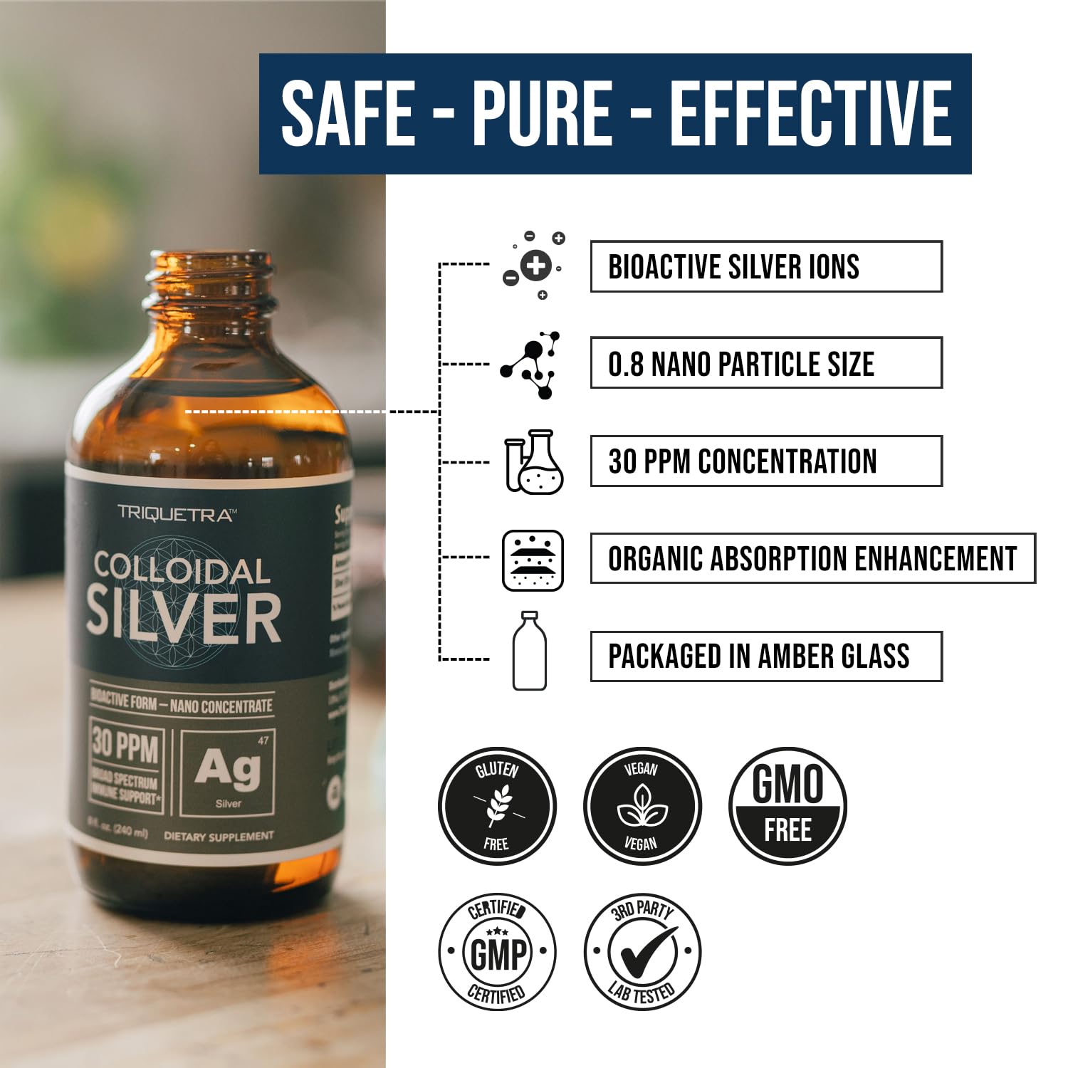 Triquetra Health Colloidal Silver 397g bottle on a wooden table