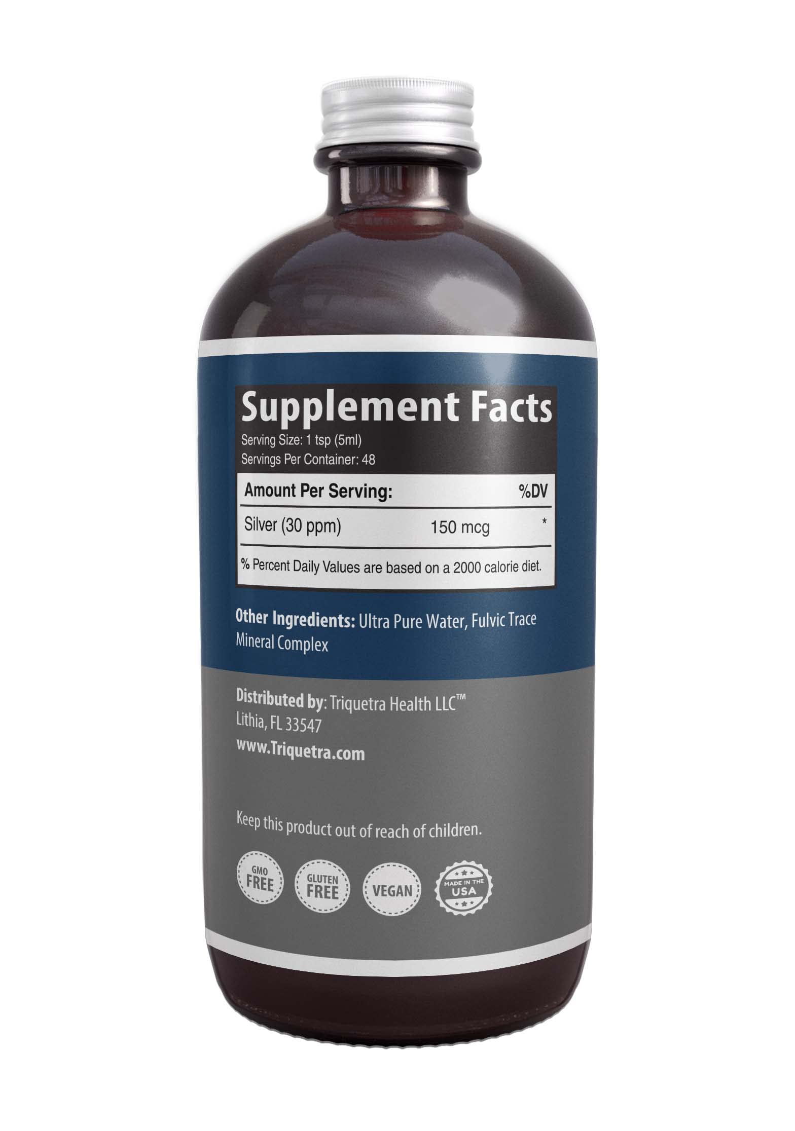 Triquetra Health Colloidal Silver 397g bottle with measuring cup