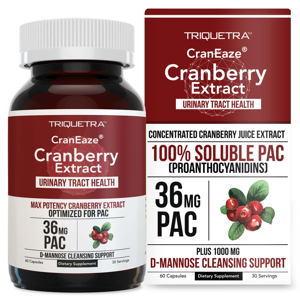 Triquetra Health CranEaze Cranberry Extract 36mg PAC capsules front view