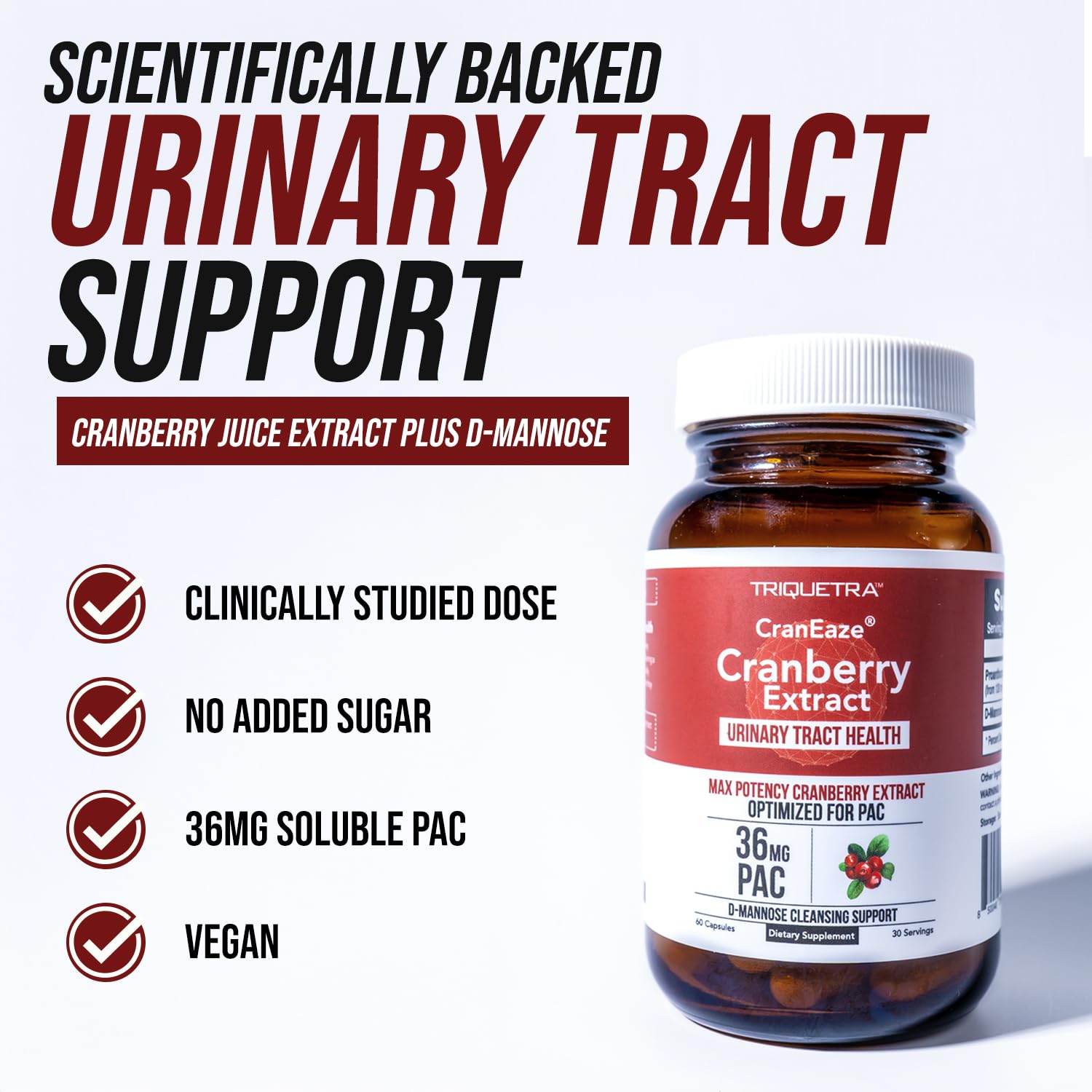 Triquetra Health CranEaze Cranberry Extract 36mg PAC capsules side view