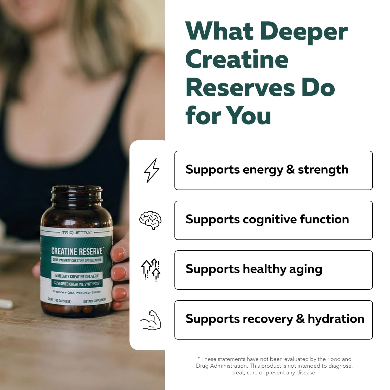Triquetra Health Creatine Reserve 750mg GAA 180 Capsules on a kitchen counter