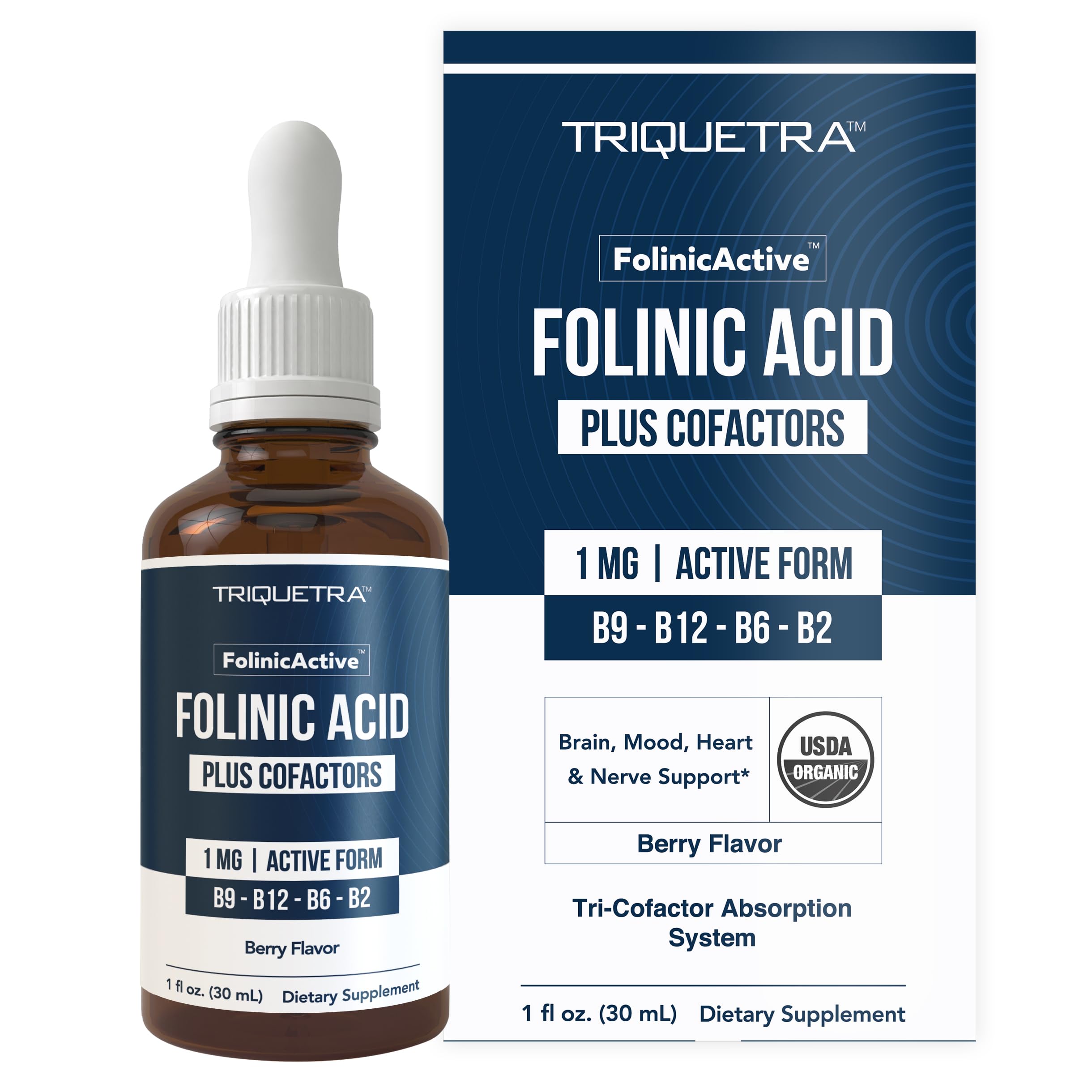 Triquetra Health Folinic Acid Liquid Drops front view with organic berry flavour
