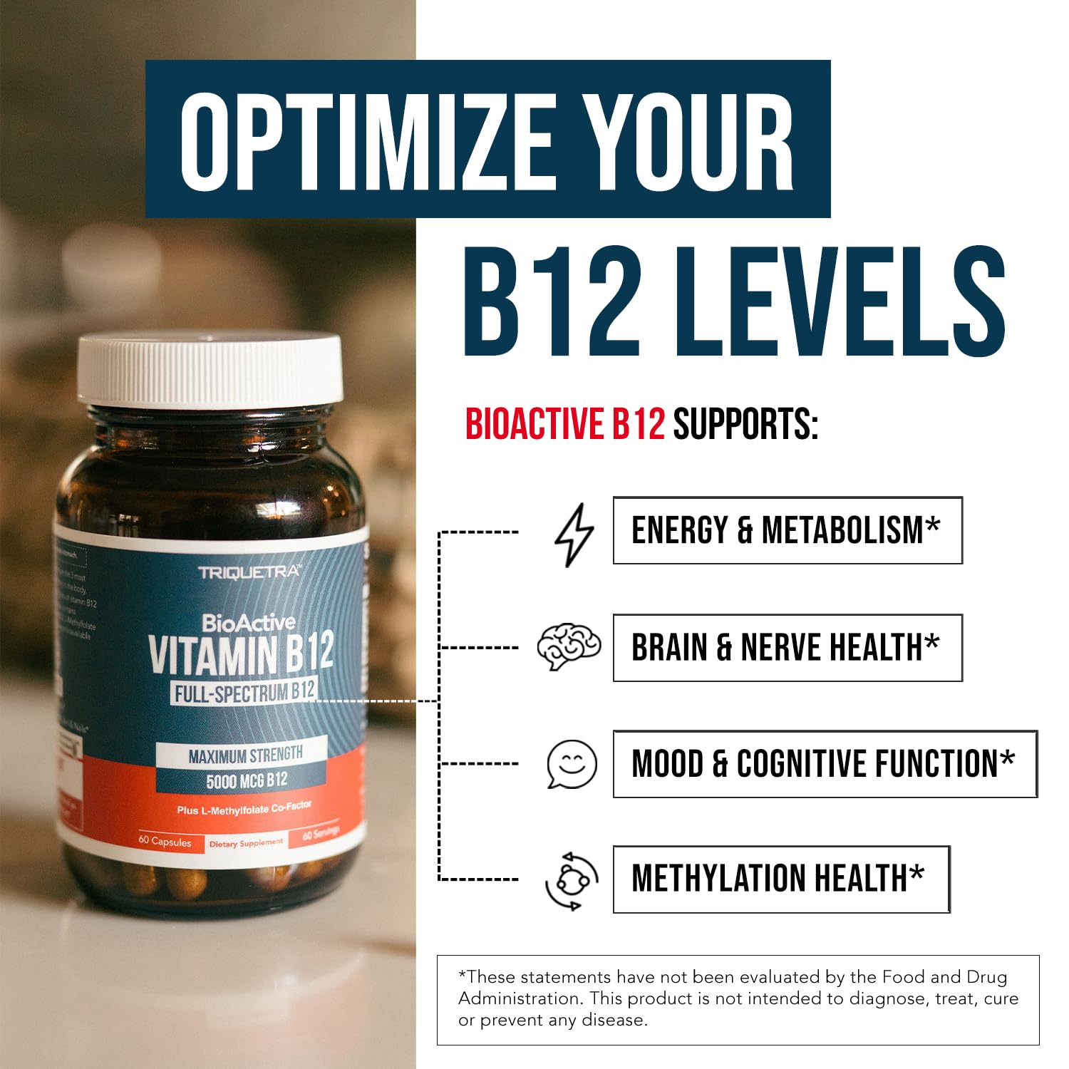 Triquetra Health Full-Spectrum Vitamin B12 5000 mcg supplement capsules close-up