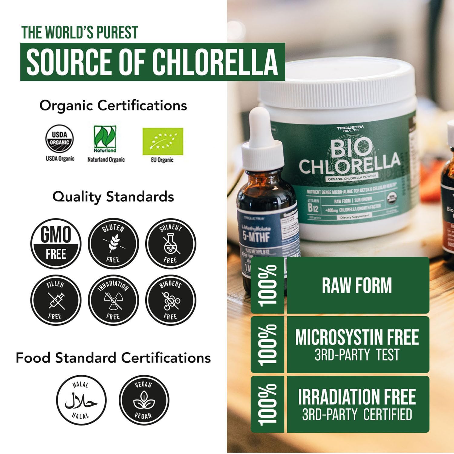 Triquetra Health Organic Chlorella Powder scoop showing green powder