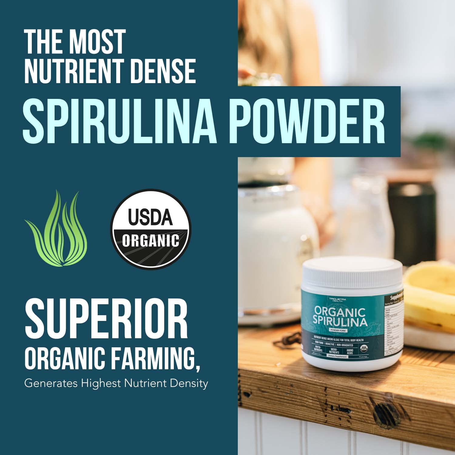 Triquetra Health Organic Spirulina Powder scoop with powder