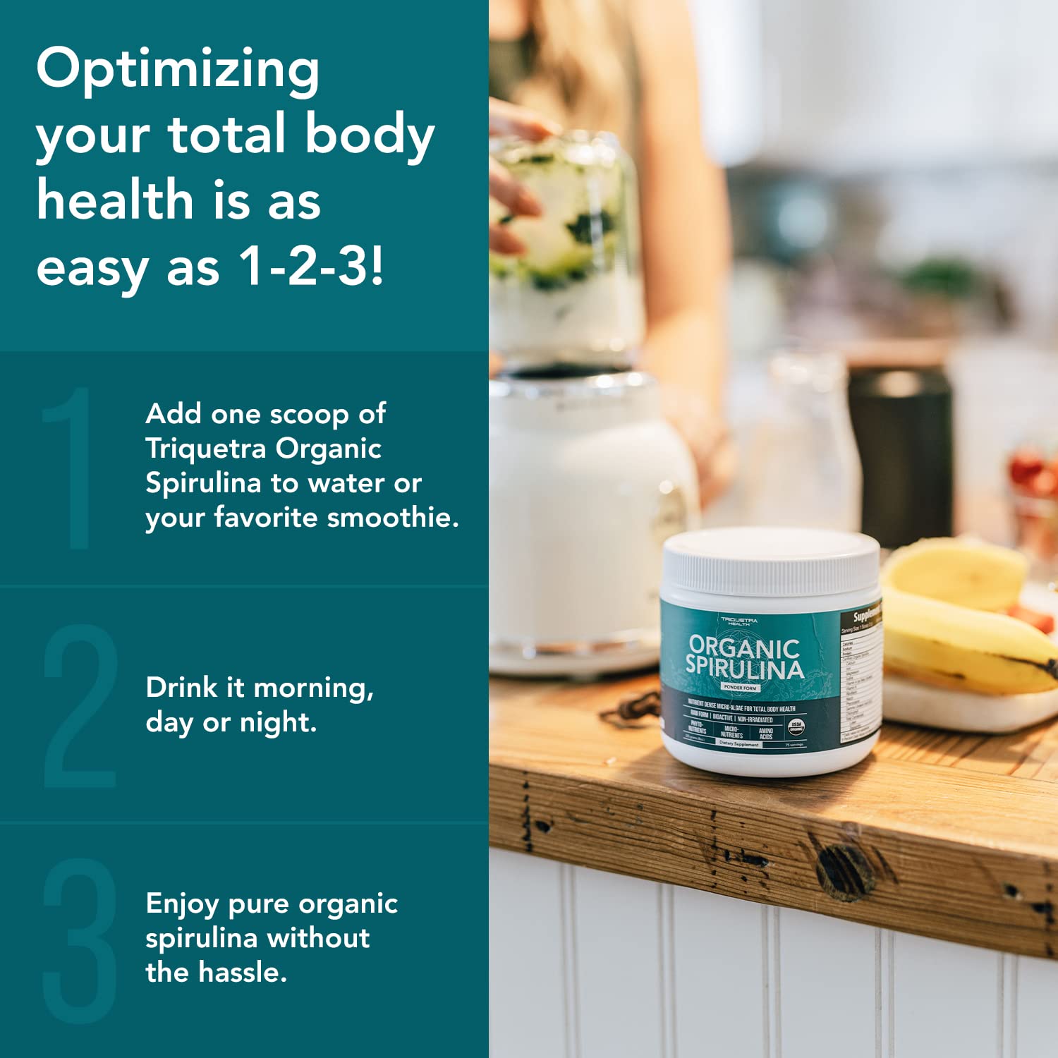 Triquetra Health Organic Spirulina Powder with smoothie ingredients
