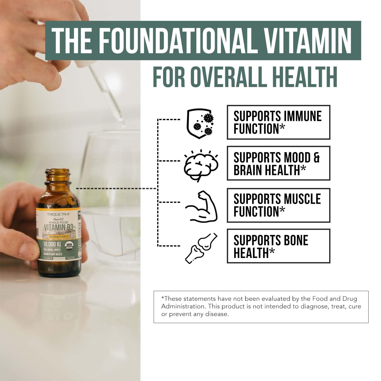 Triquetra Health Organic Vitamin D3 5000 IU Liquid Drops on a kitchen counter