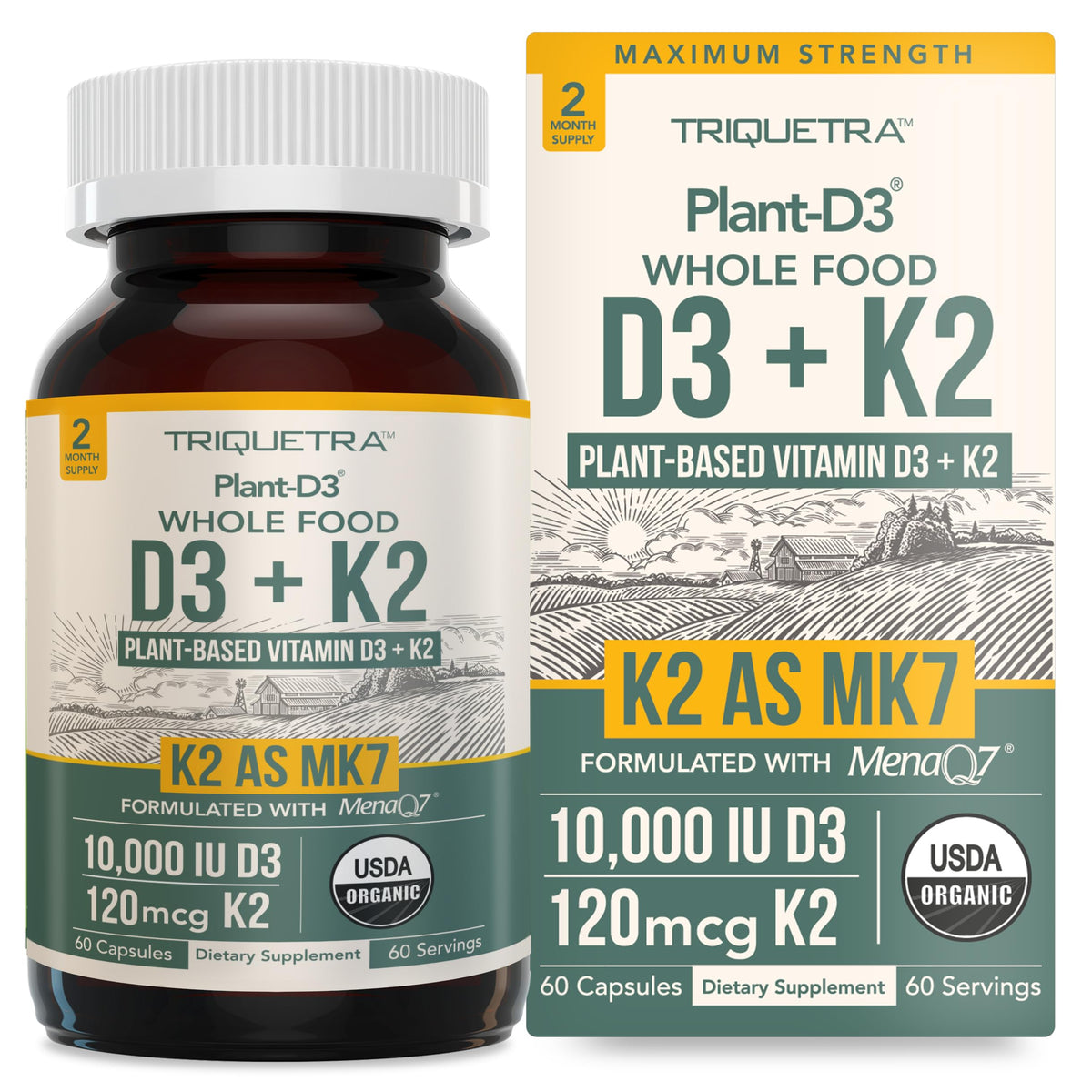 Triquetra Health Organic Vitamin D3 & K2 10,000 IU capsules front view