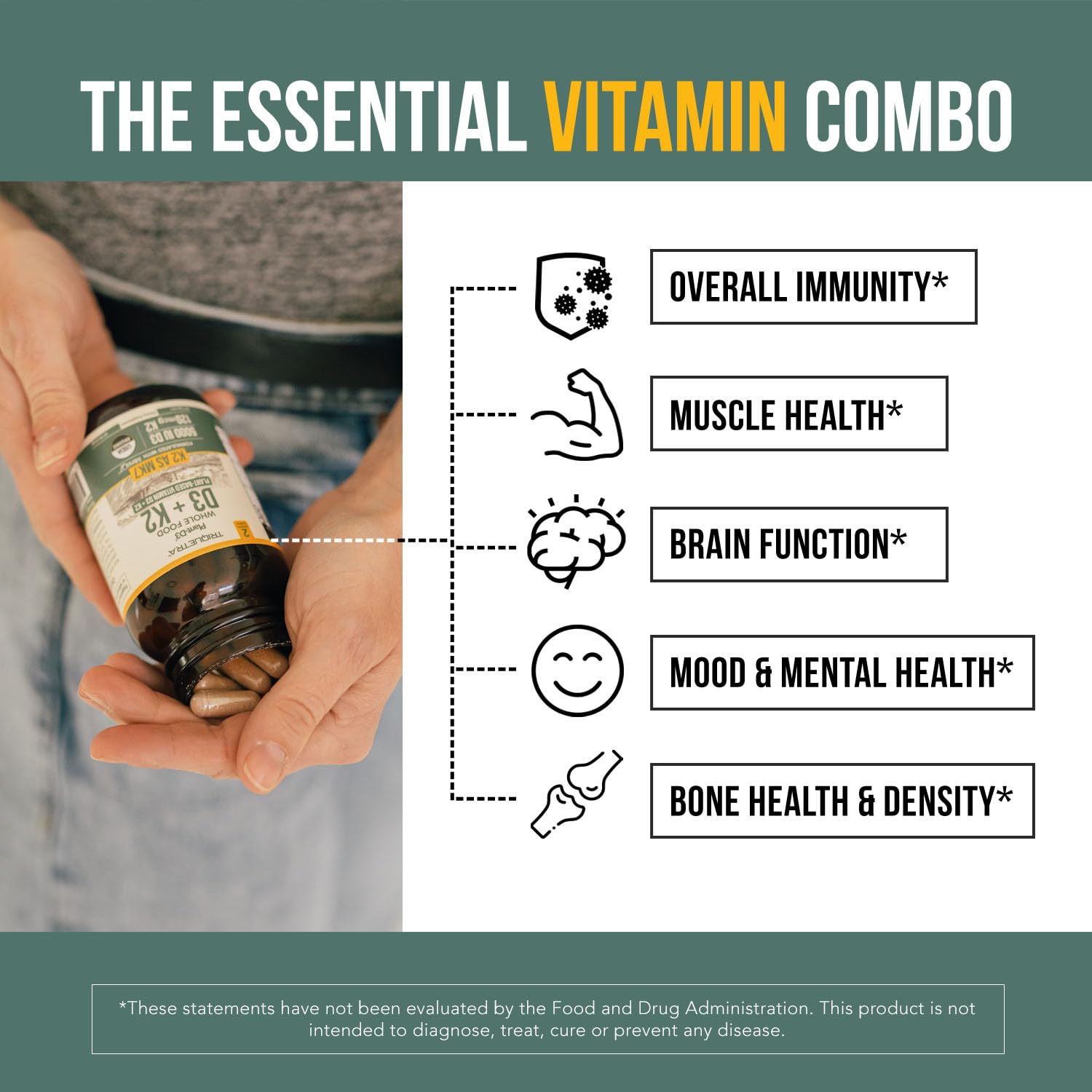 Triquetra Health Organic Vitamin D3 & K2 capsules on a wooden table