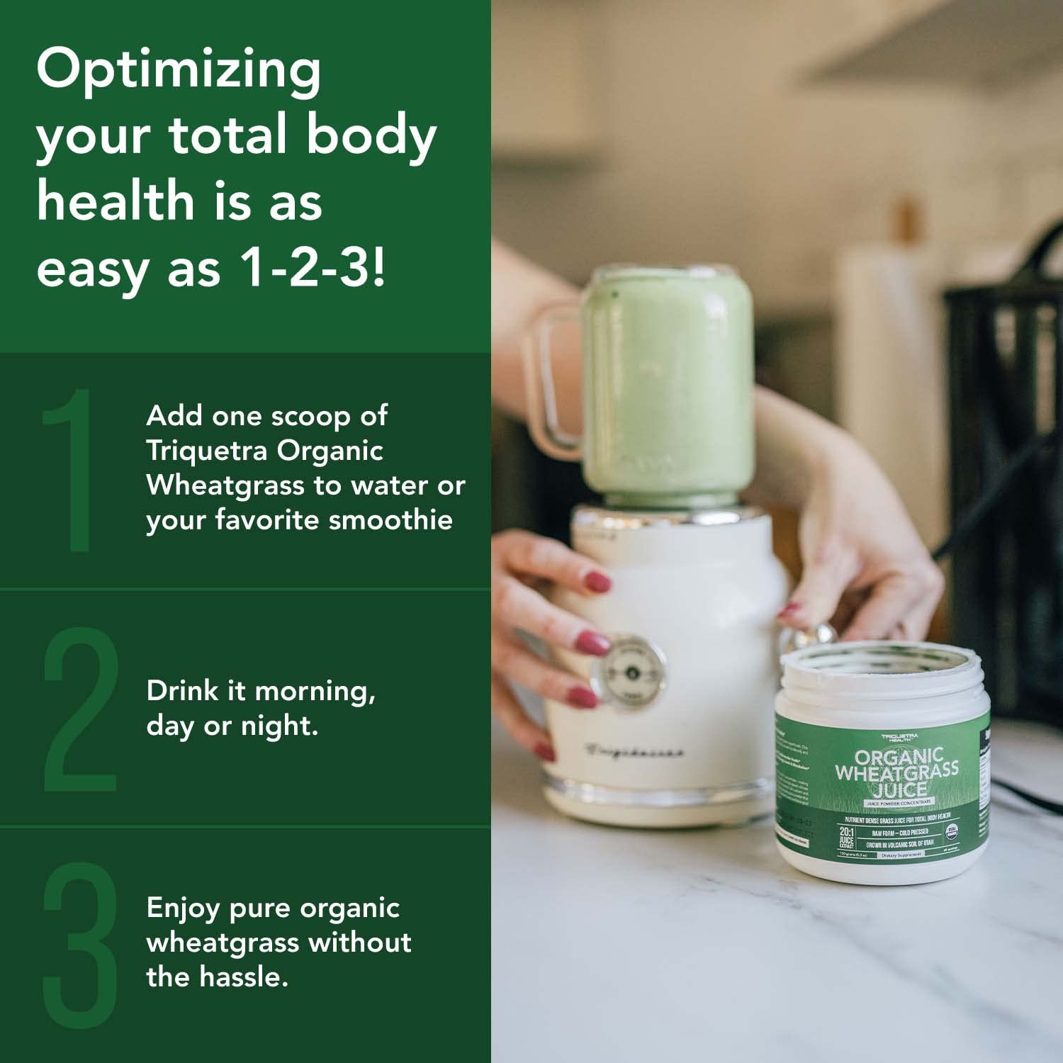 Triquetra Health Organic Wheatgrass Juice Powder 150g lifestyle shot