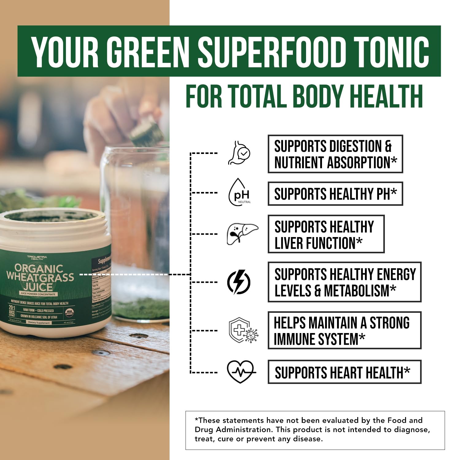 Triquetra Health Organic Wheatgrass Juice Powder 150g serving suggestion