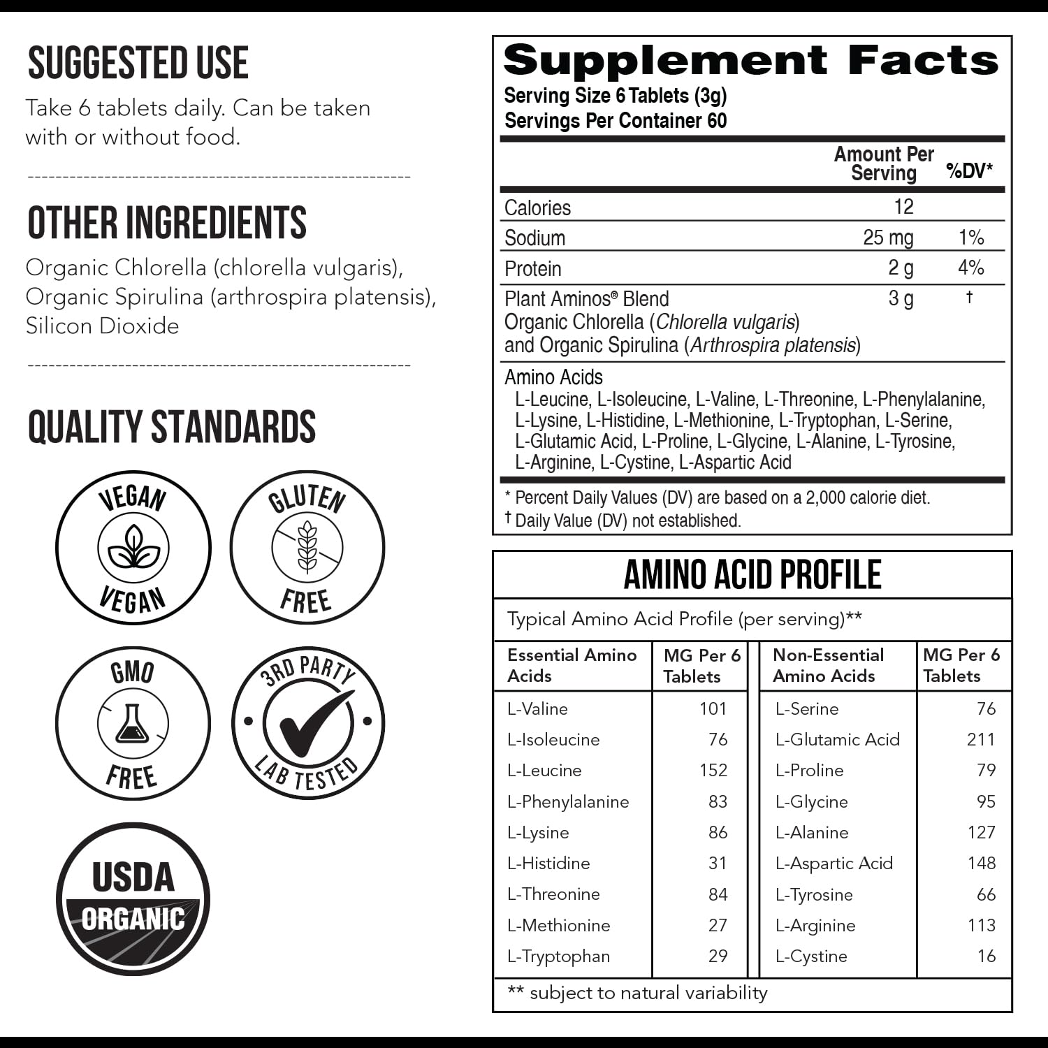 Triquetra Health Plant Aminos 240g side view with nutritional information